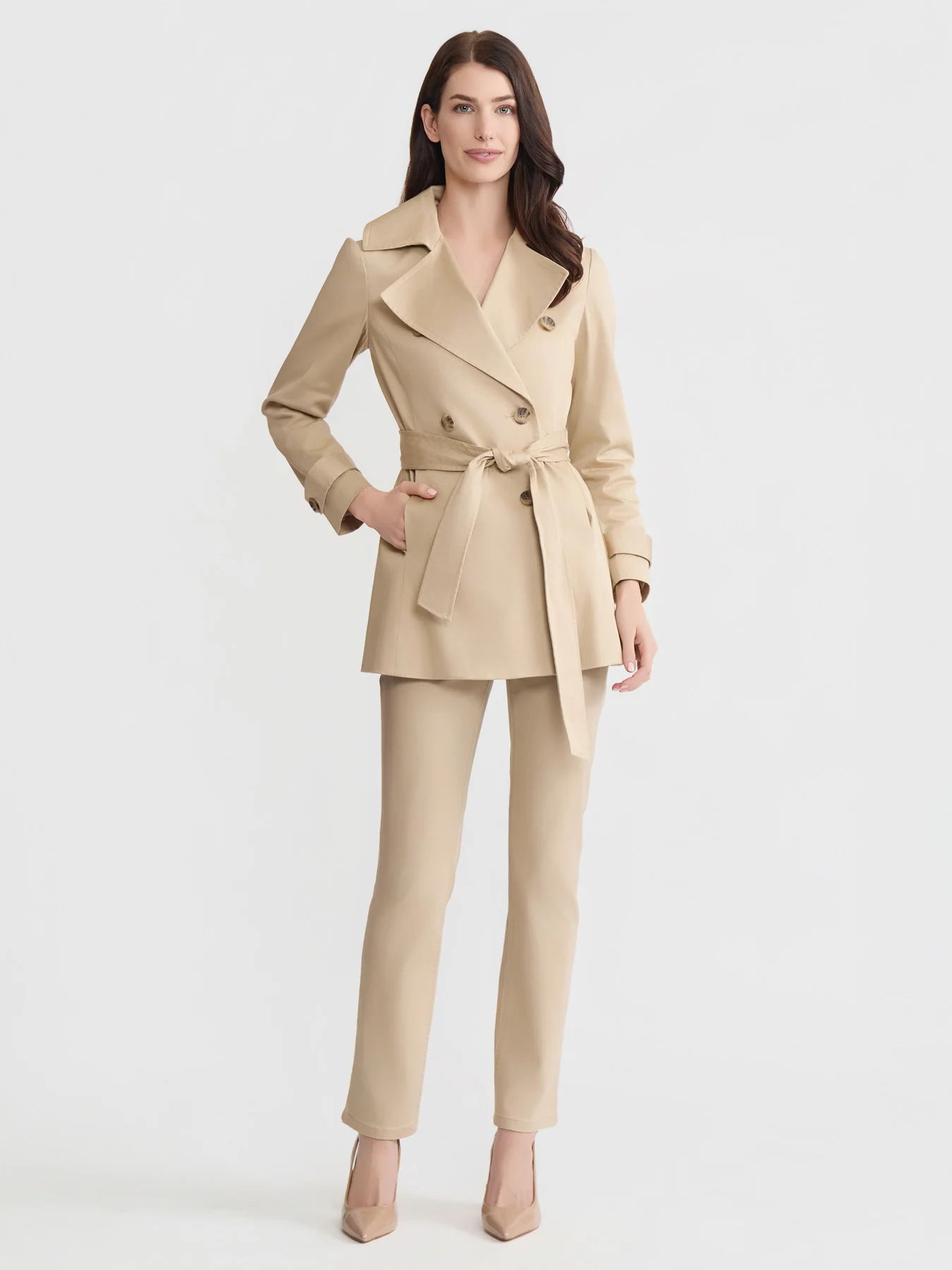 Petite Double Breasted Trench Coat, Stretch Sateen - Image 4