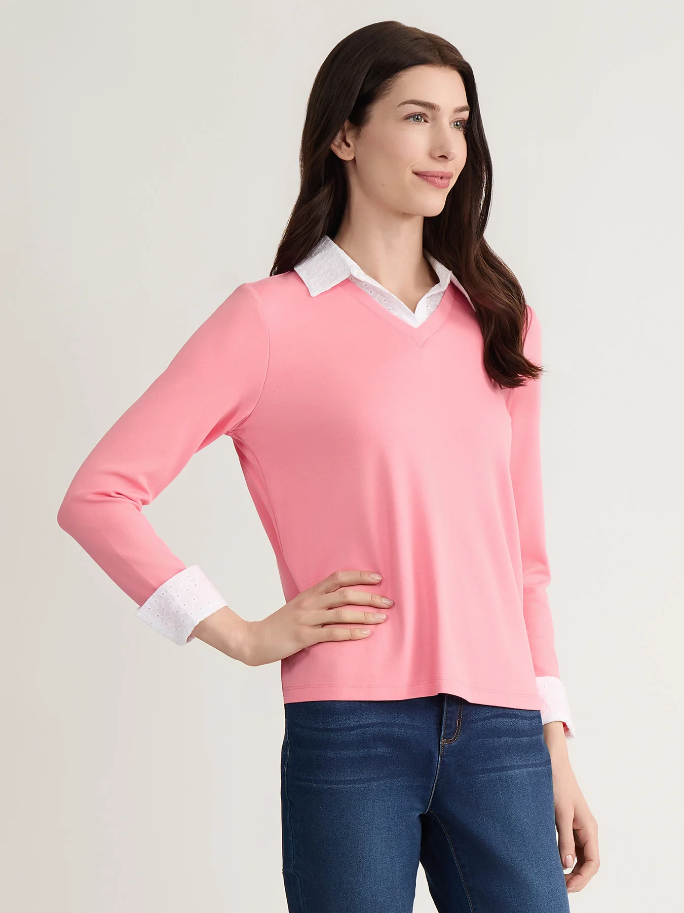Petite Eyelet Trim Twofer, Serenity Knit - Image 2