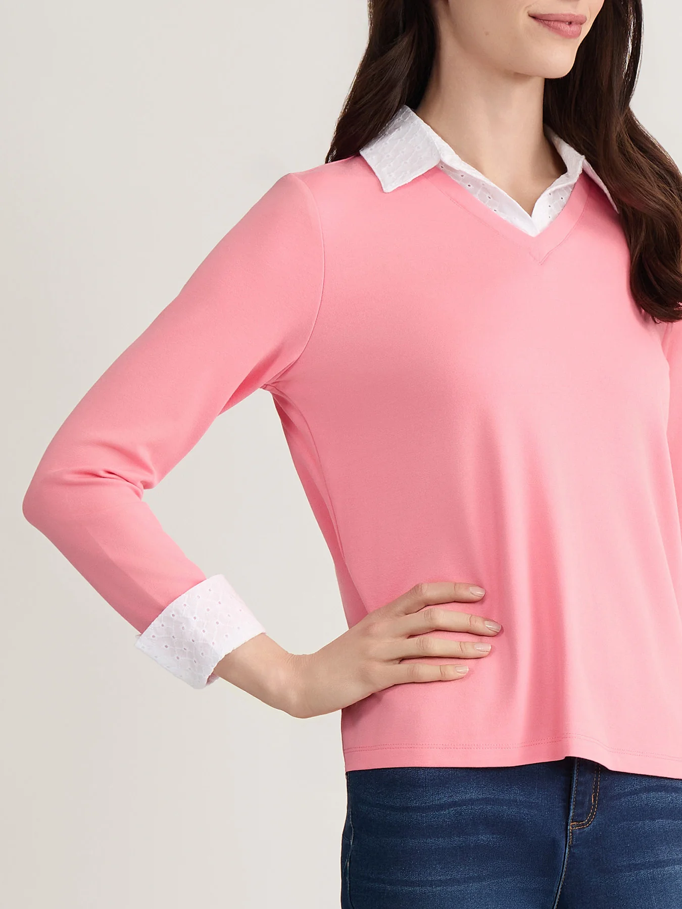Petite Eyelet Trim Twofer, Serenity Knit - Image 4