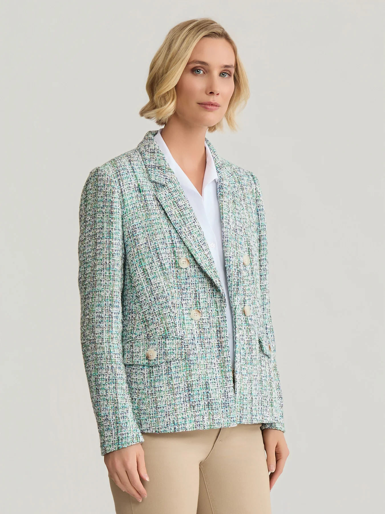 Plus Faux Double Breasted Jacket with Flap Pock
ets, Tweed - Image 3