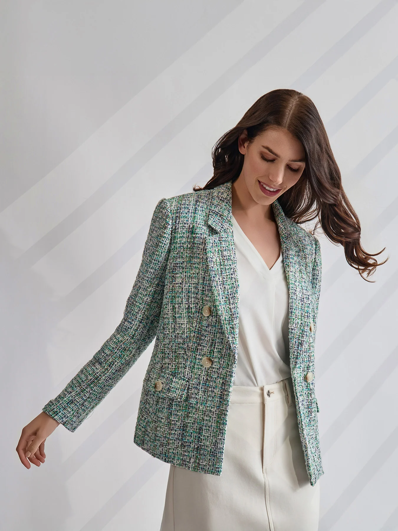 Plus Faux Double Breasted Jacket with Flap Pock
ets, Tweed - Image 7