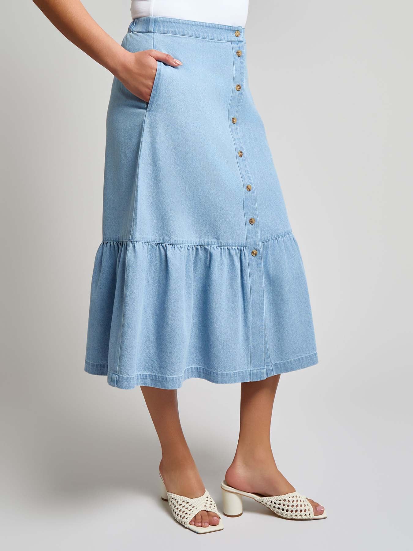 Flounced Button Front Skirt, Chambray - Image 2
