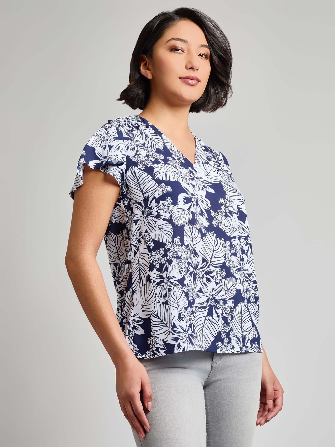 Petite Flutter Sleeve V-Neck Blouse, Crepe de Chine - Image 2
