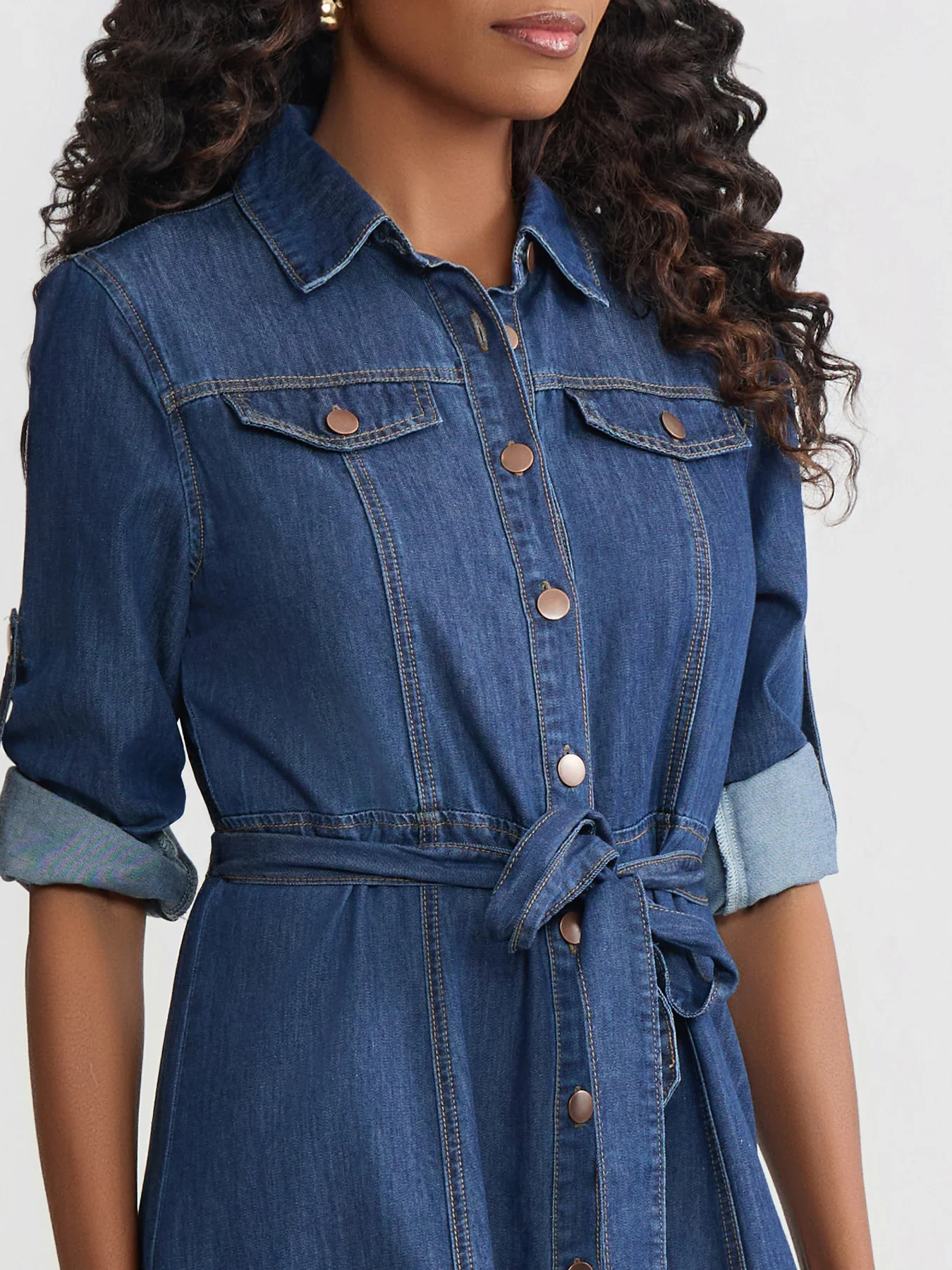 Plus Midi Long-Sleeved Shirt Dress, Chambray - Image 3
