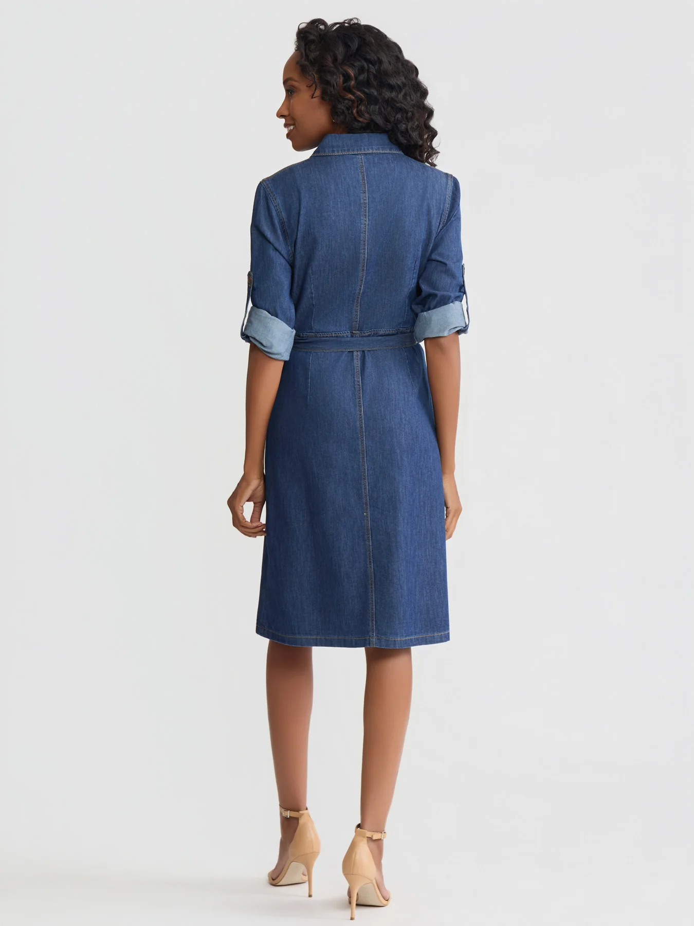 Plus Midi Long-Sleeved Shirt Dress, Chambray - Image 4