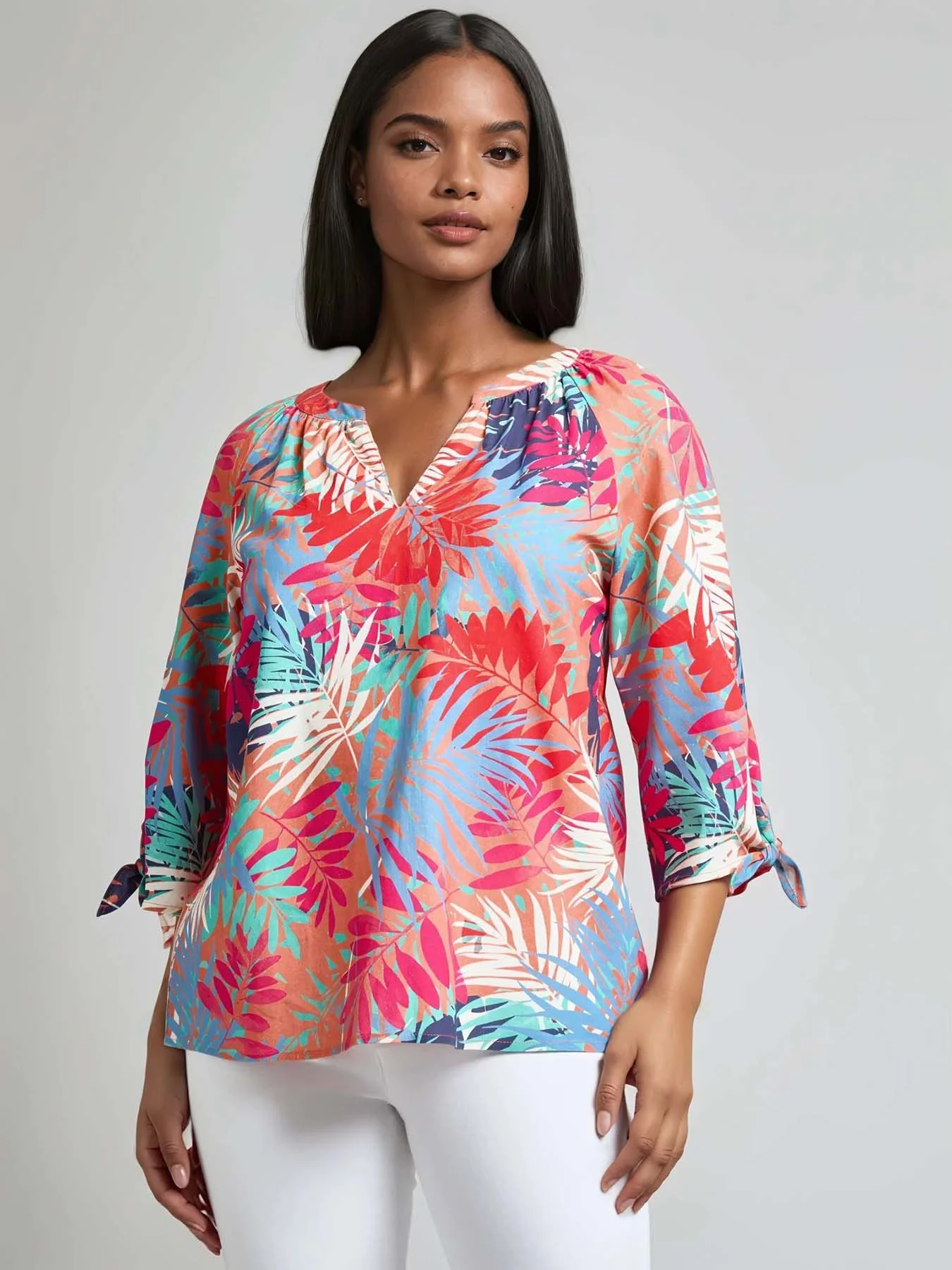 Petite Print V-Neck Tie-Sleeve Blouse, Linen Blend
