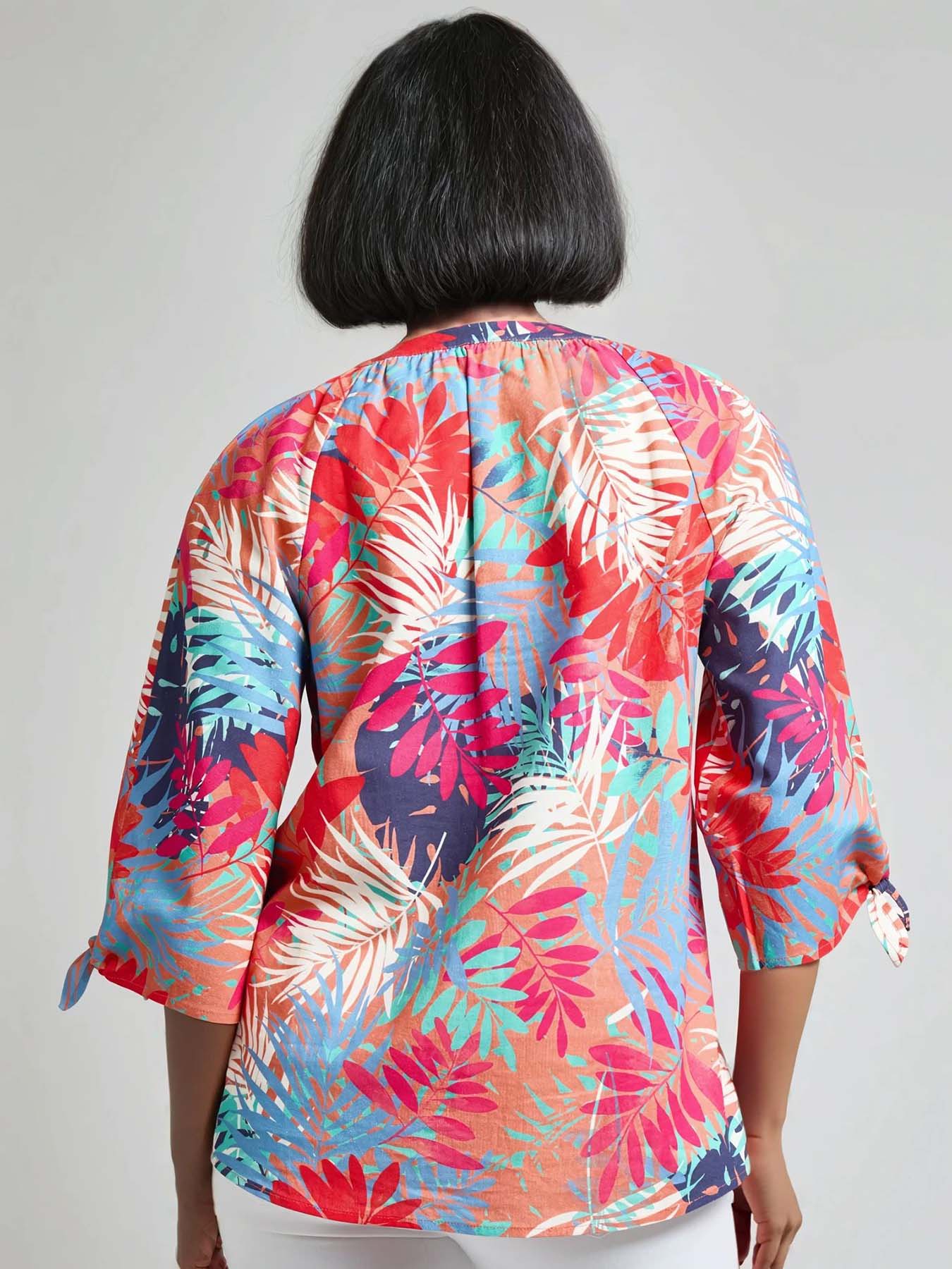 Petite Print V-Neck Tie-Sleeve Blouse, Linen Blend - Image 3