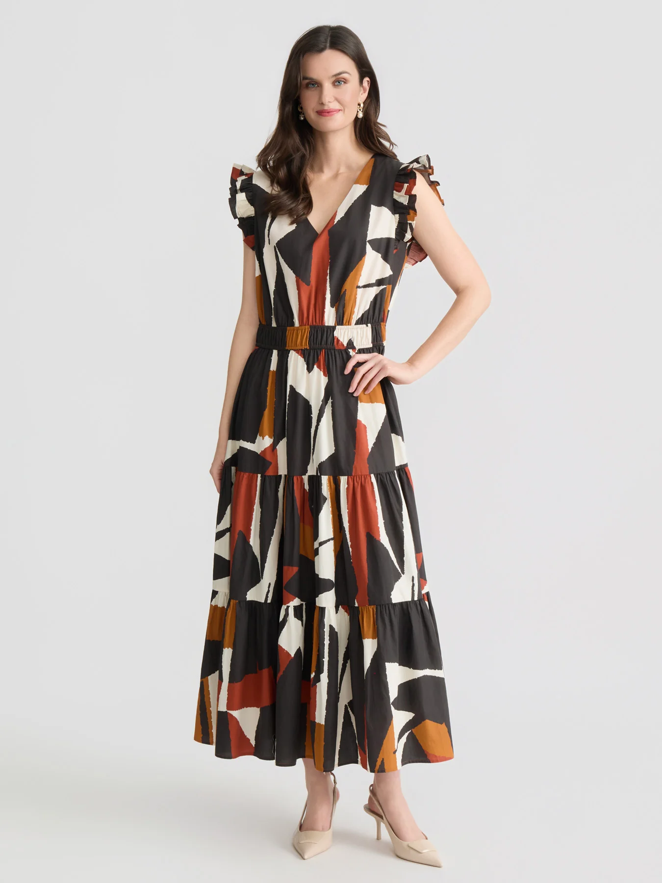 Petite Ruffle Sleeve Tiered Maxi Dress, Printed Cotton Poplin