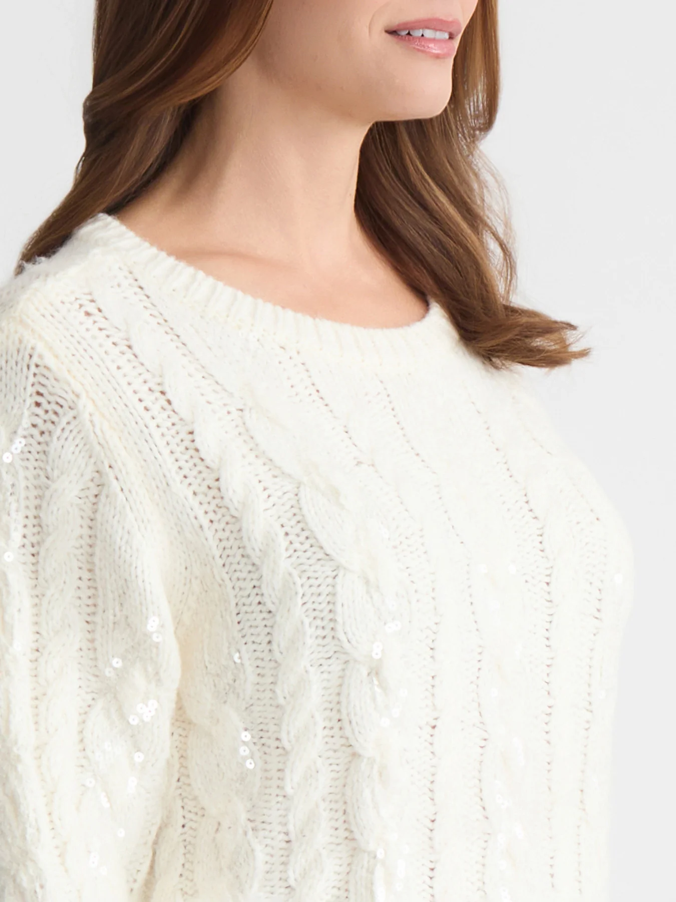 Petite Sequin Cable Knit Crewneck Sweater - Image 3