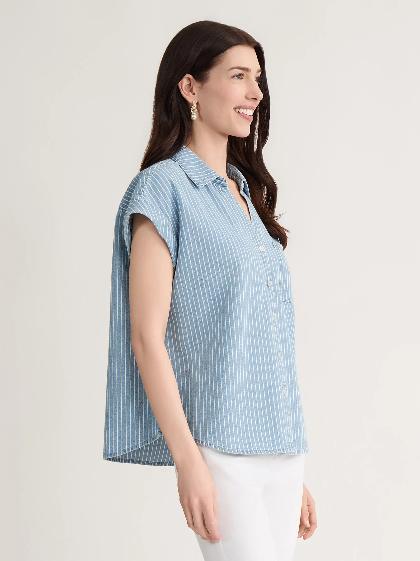 Short Sleeve Button Front Shirt, Chambray - Image 2