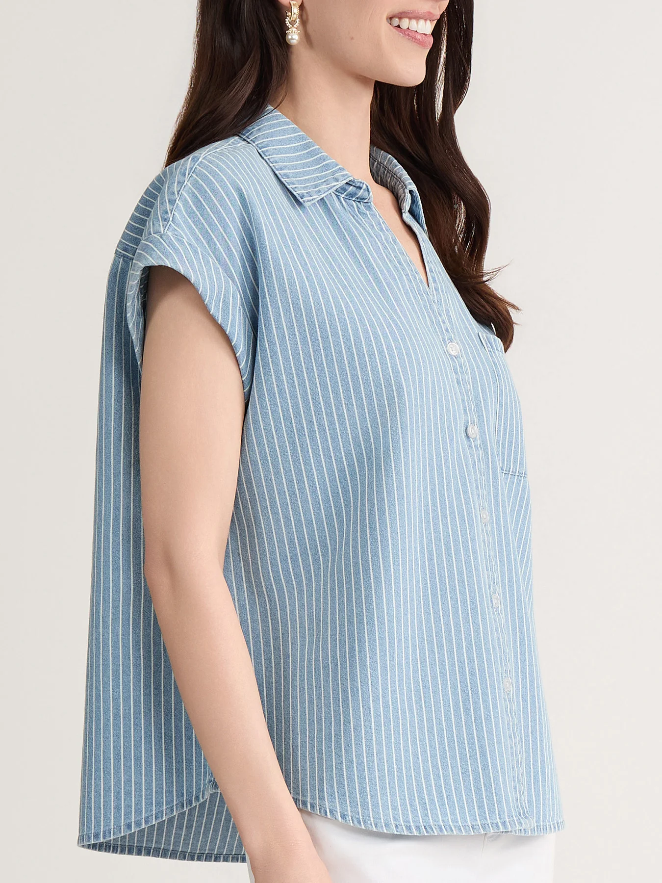 Short Sleeve Button Front Shirt, Chambray - Image 3