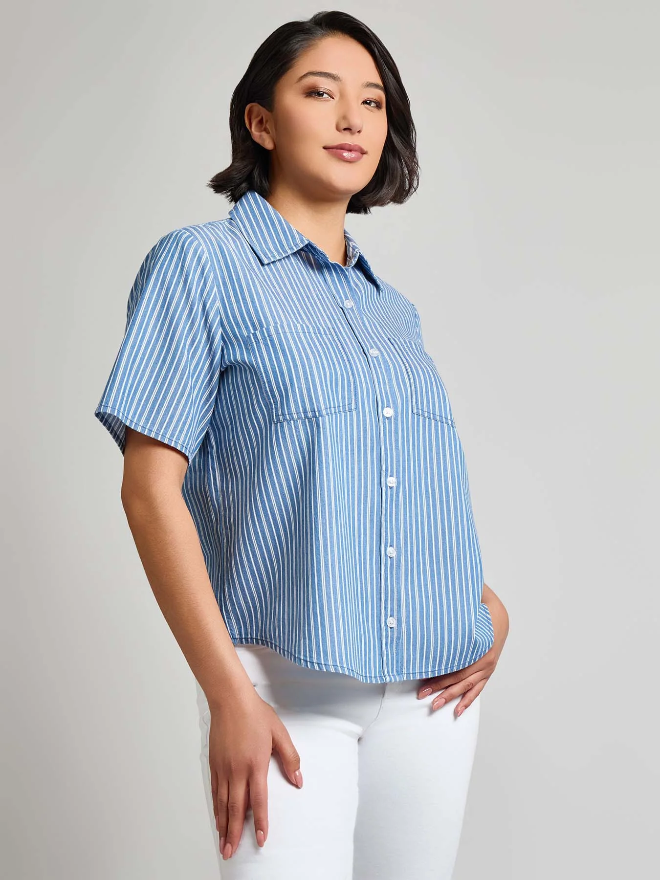 Petite Short Sleeve Button Front Top, Stripe Chambray - Image 2