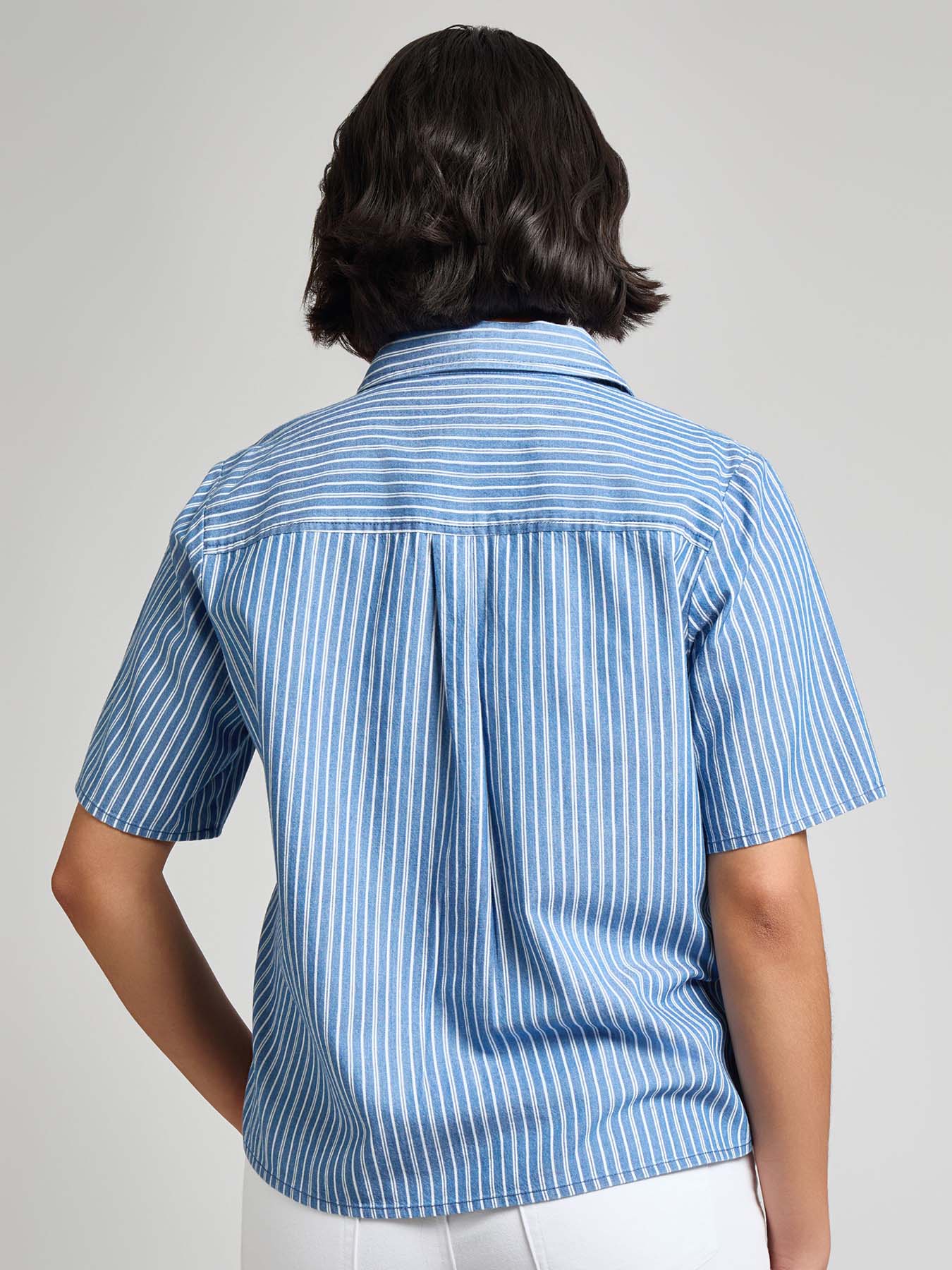 Petite Short Sleeve Button Front Top, Stripe Chambray - Image 3