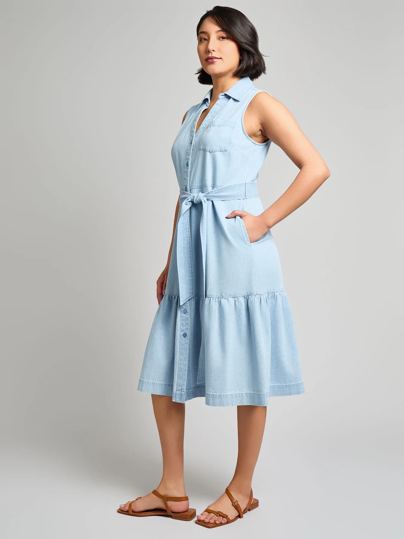 Petite Sleeveless Belted Dress, Chambray - Image 2
