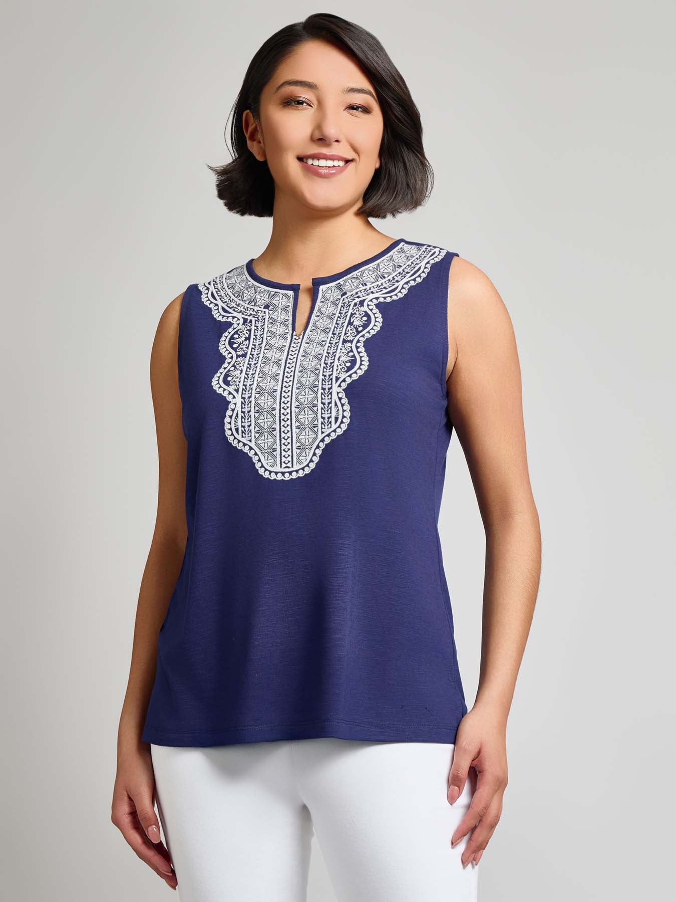 Petite Sleeveless Split Neck Embroidered Tank