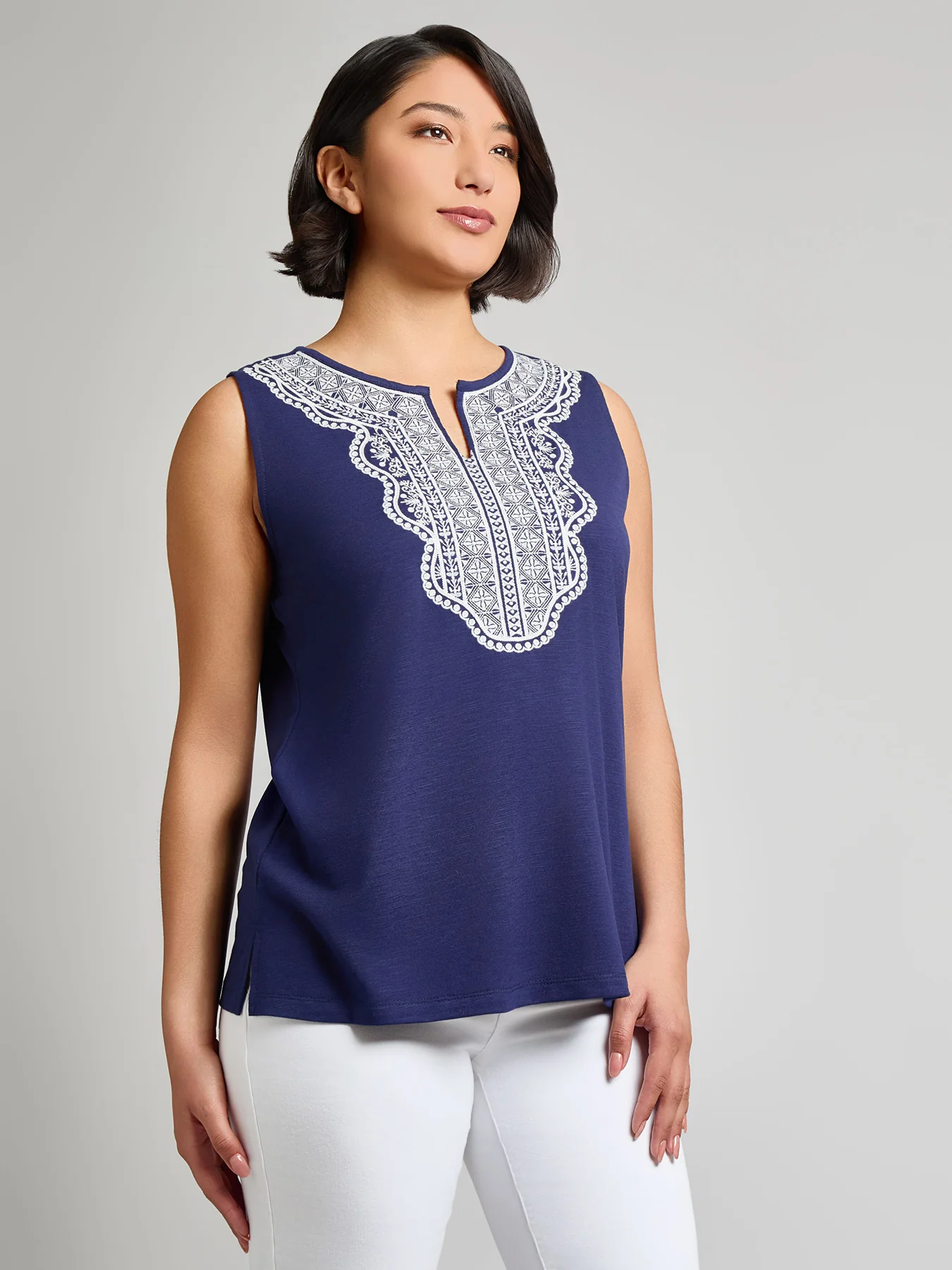 Petite Sleeveless Split Neck Embroidered Tank - Image 2