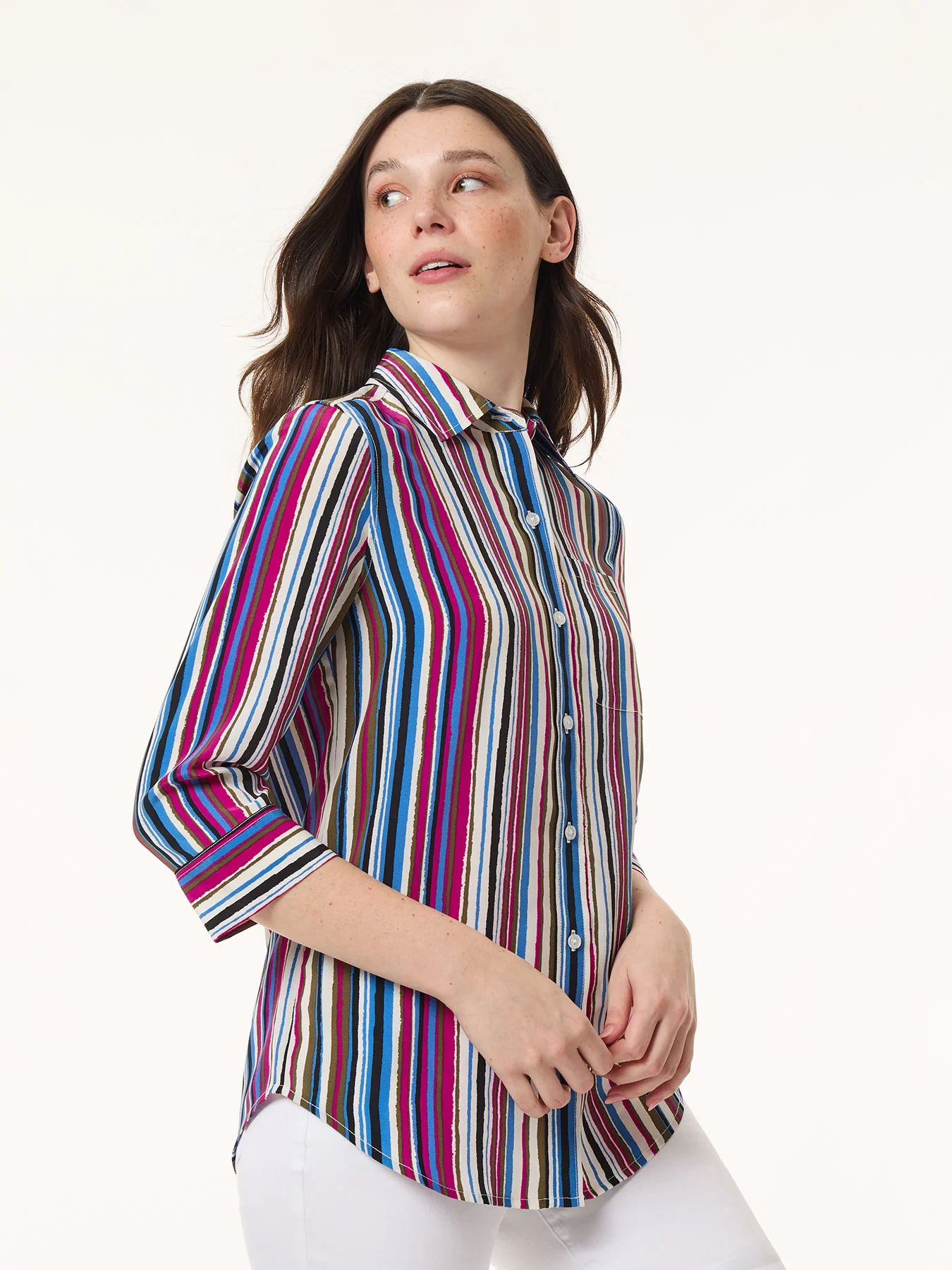 Petite Striped Button Front Collared Shirt, Crepe de Chine - Image 2
