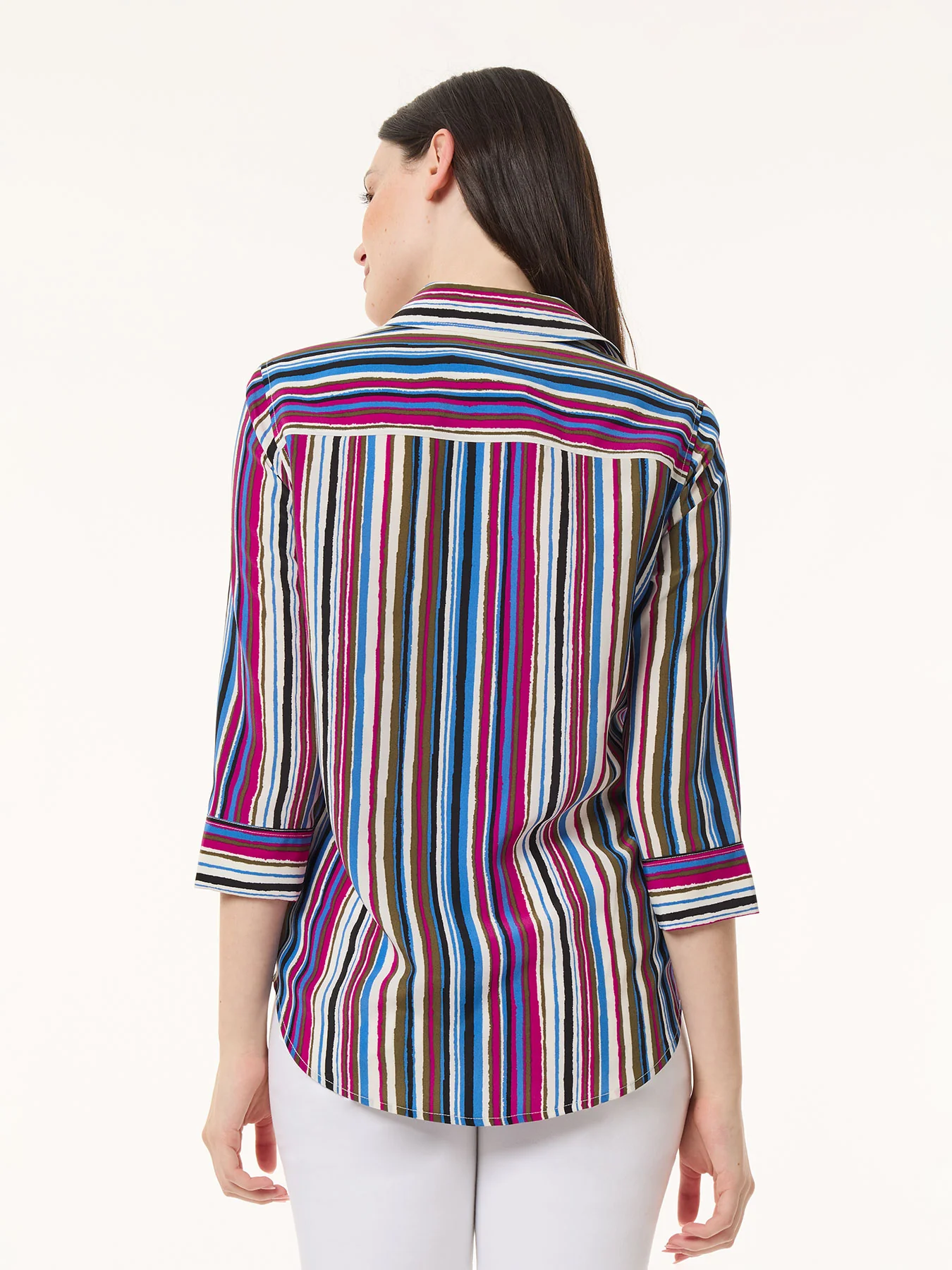 Petite Striped Button Front Collared Shirt, Crepe de Chine - Image 3