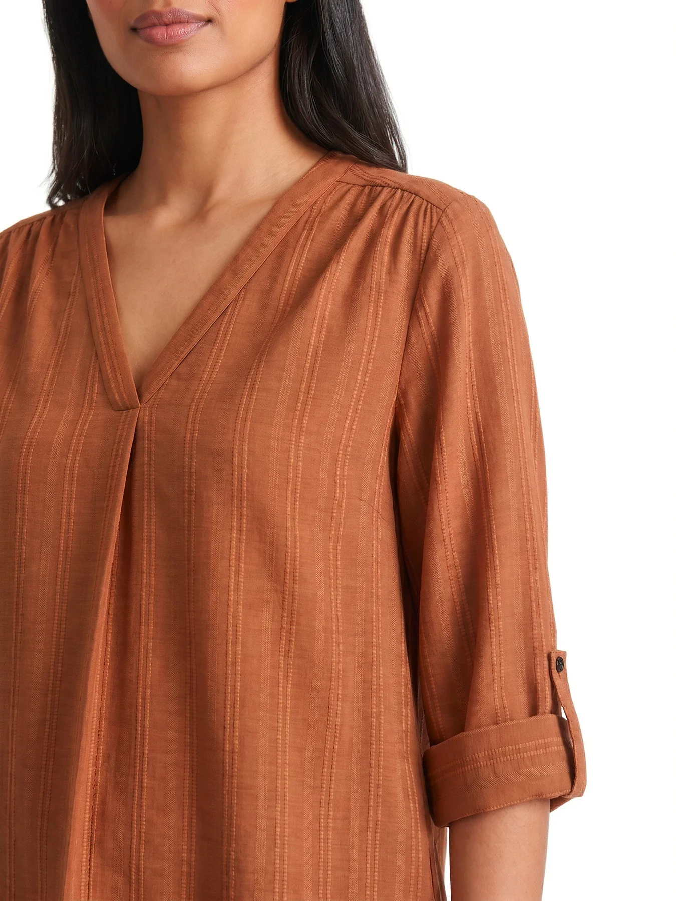 Petite V-Neck Front Pleast Tunic , Woven Jacquard - Image 3