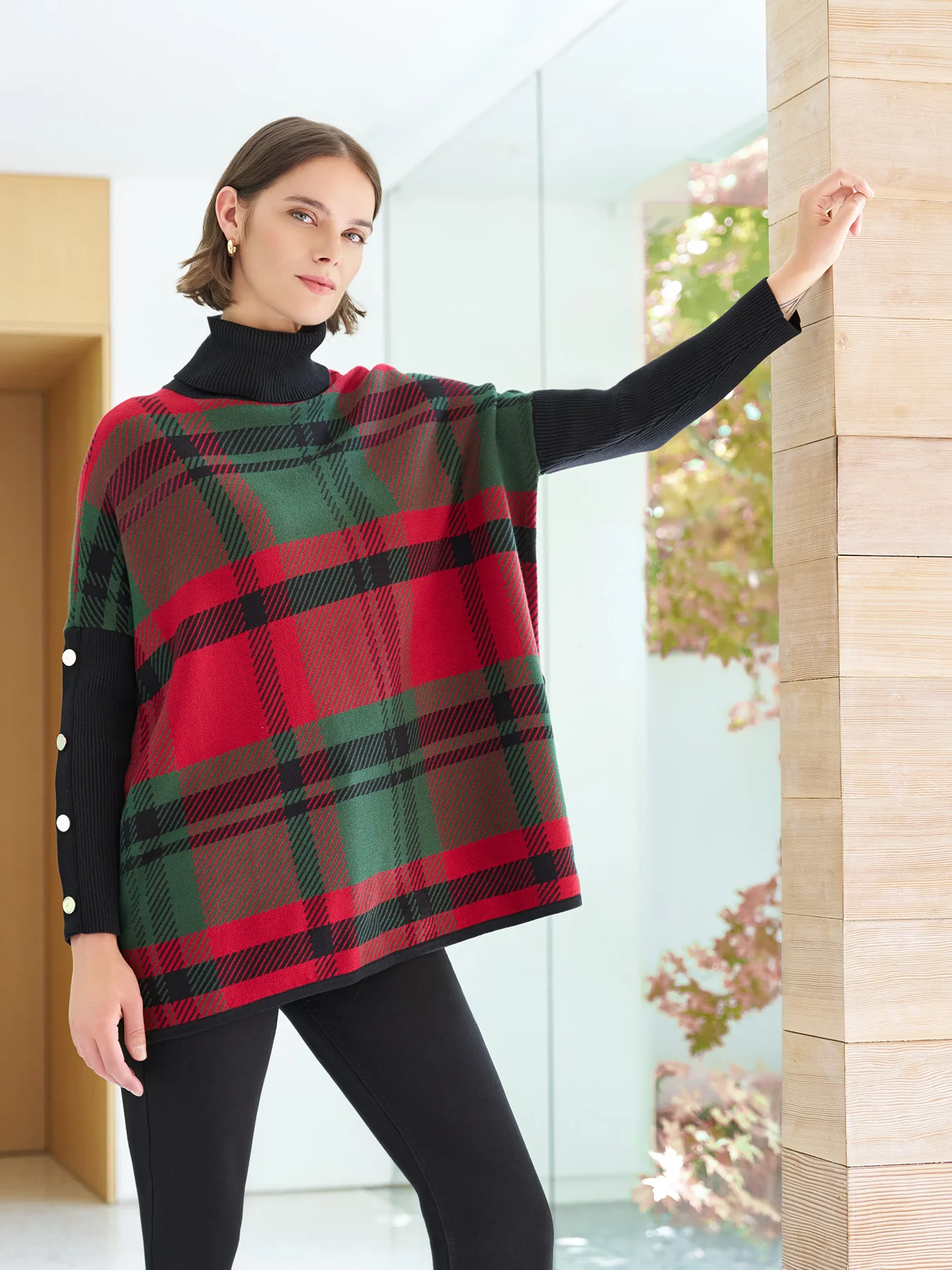 Plaid Turtle Neck Poncho - Image 2