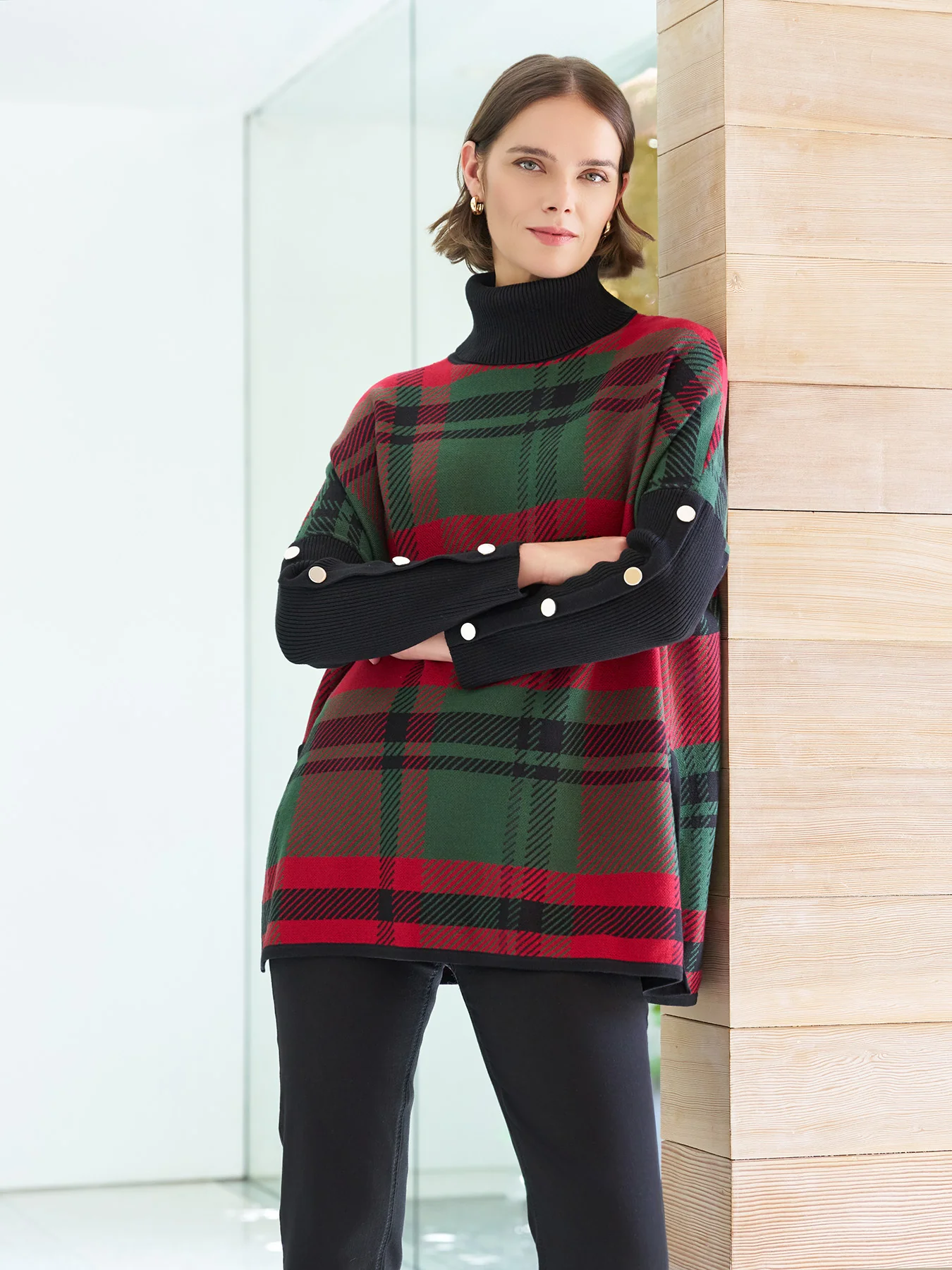 Plaid Turtle Neck Poncho - Image 6