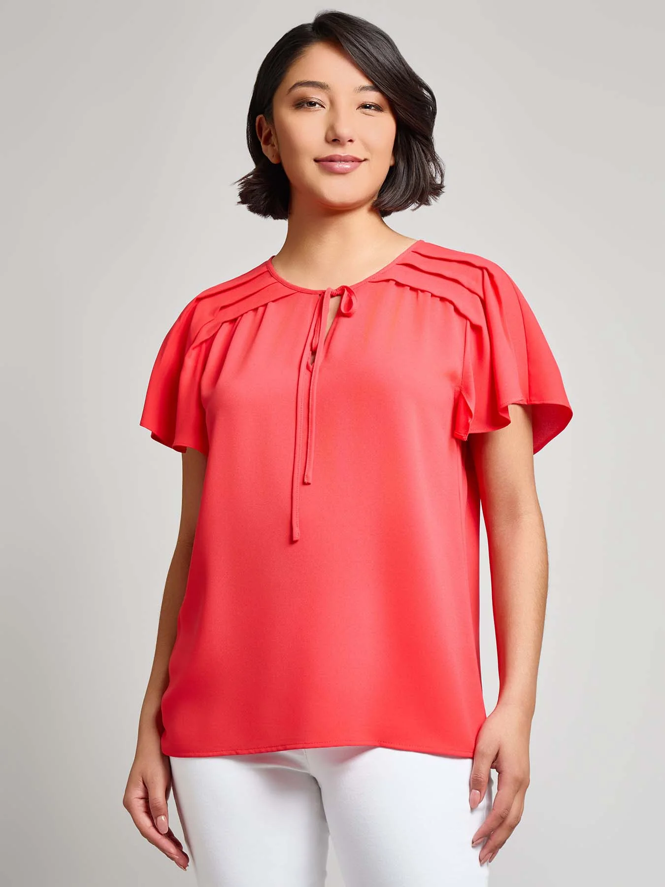 Pleated Shoulder Flutter Sleeve Blouse, Jasper Crepe