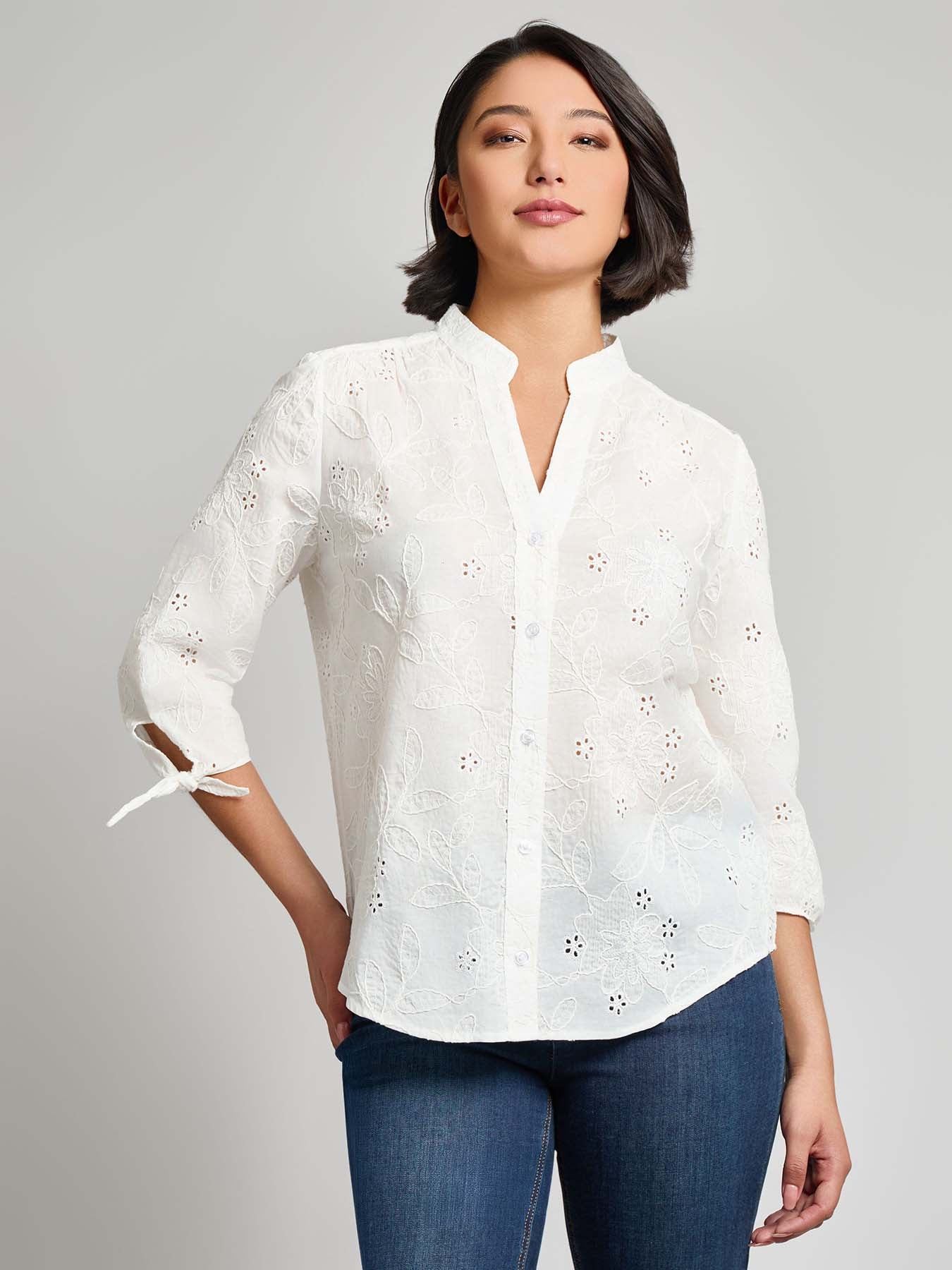 Plus Button Front Tie-Sleeve Shirt, Cotton Eyelet - Image 2