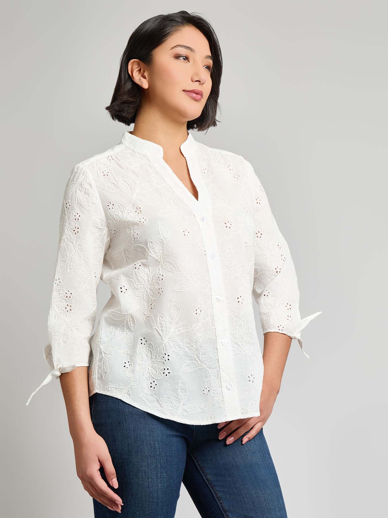 Plus Button Front Tie-Sleeve Shirt, Cotton Eyelet - Image 3