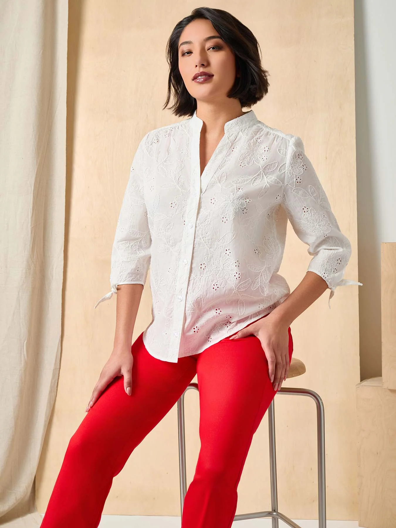 Plus Button Front Tie-Sleeve Shirt, Cotton Eyelet - Image 5