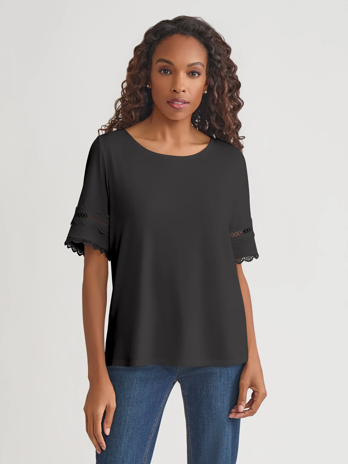 Plus Elbow Sleeve Trim Top, Cotton Elastane