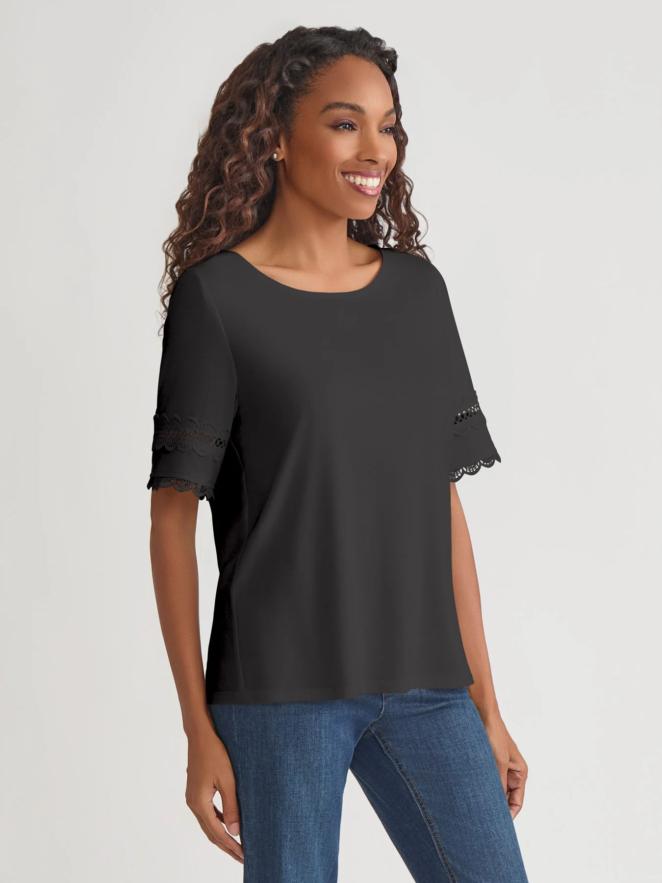 Plus Elbow Sleeve Trim Top, Cotton Elastane - Image 2