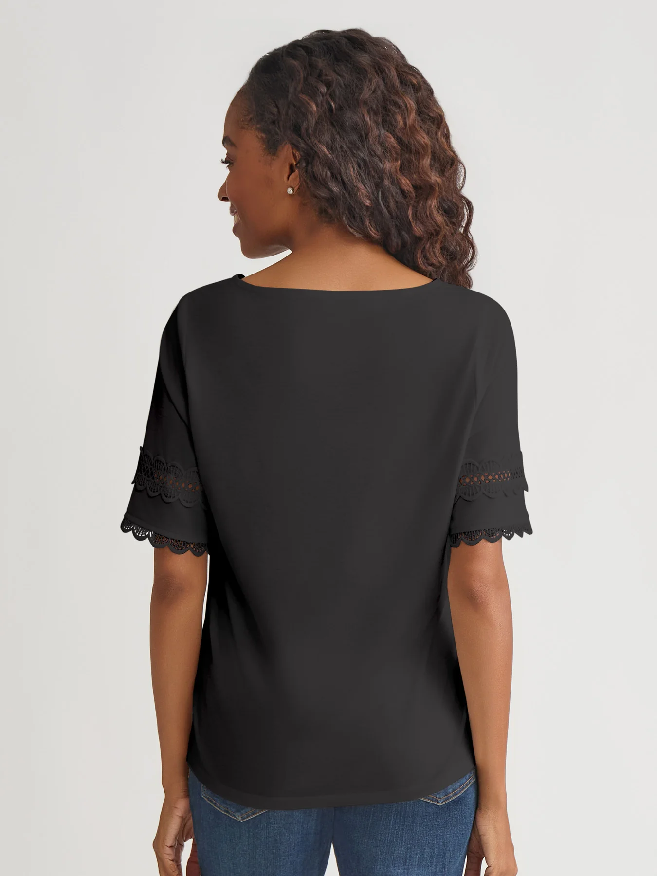 Plus Elbow Sleeve Trim Top, Cotton Elastane - Image 4