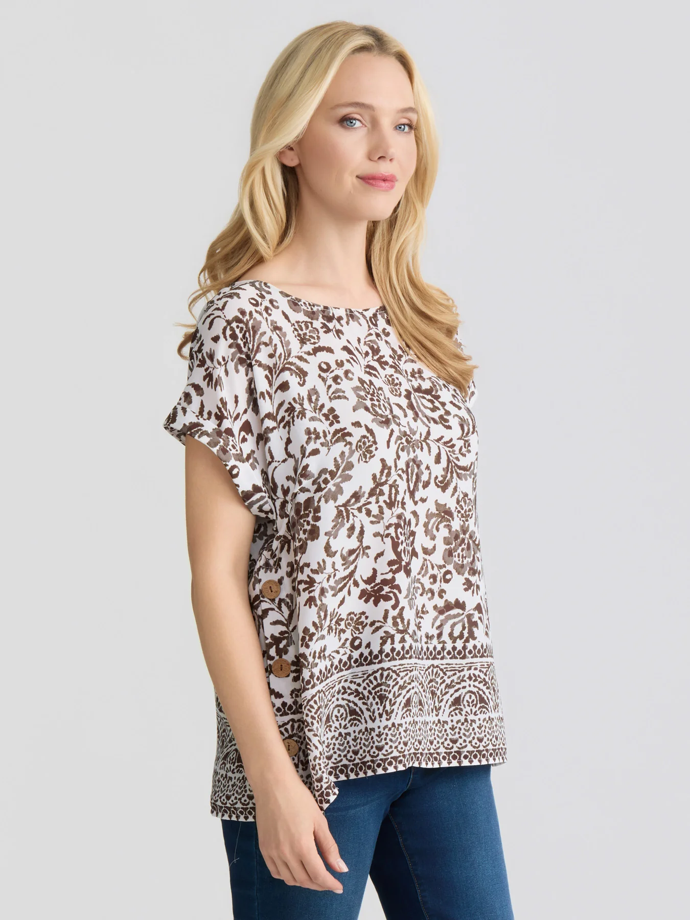 Side Button Blouse, Printed Crepe - Image 2