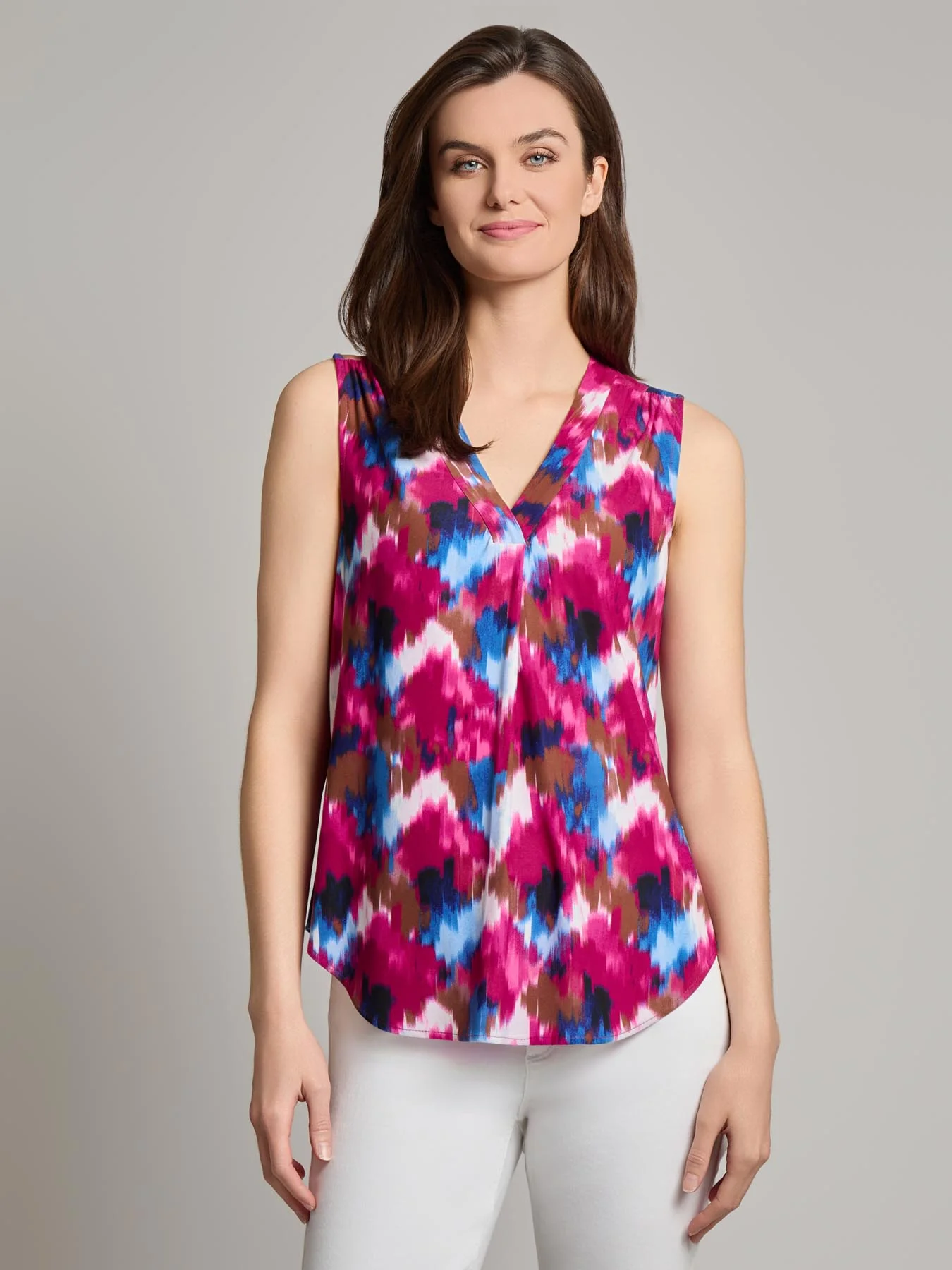 Plus Sleeveless V-Neck Pleat Front Blouse