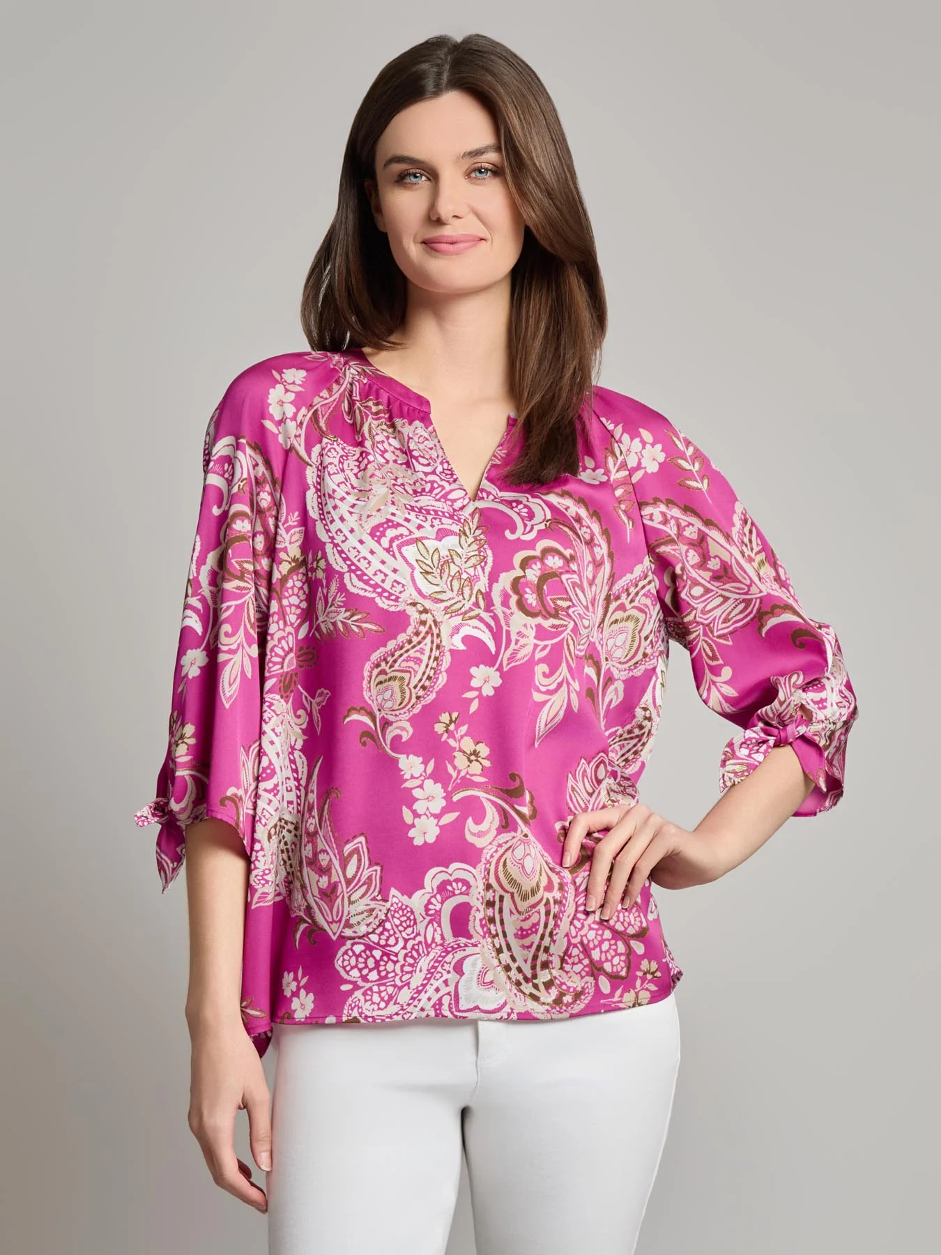 Plus V-Neck Print Tie-Sleeve Blouse