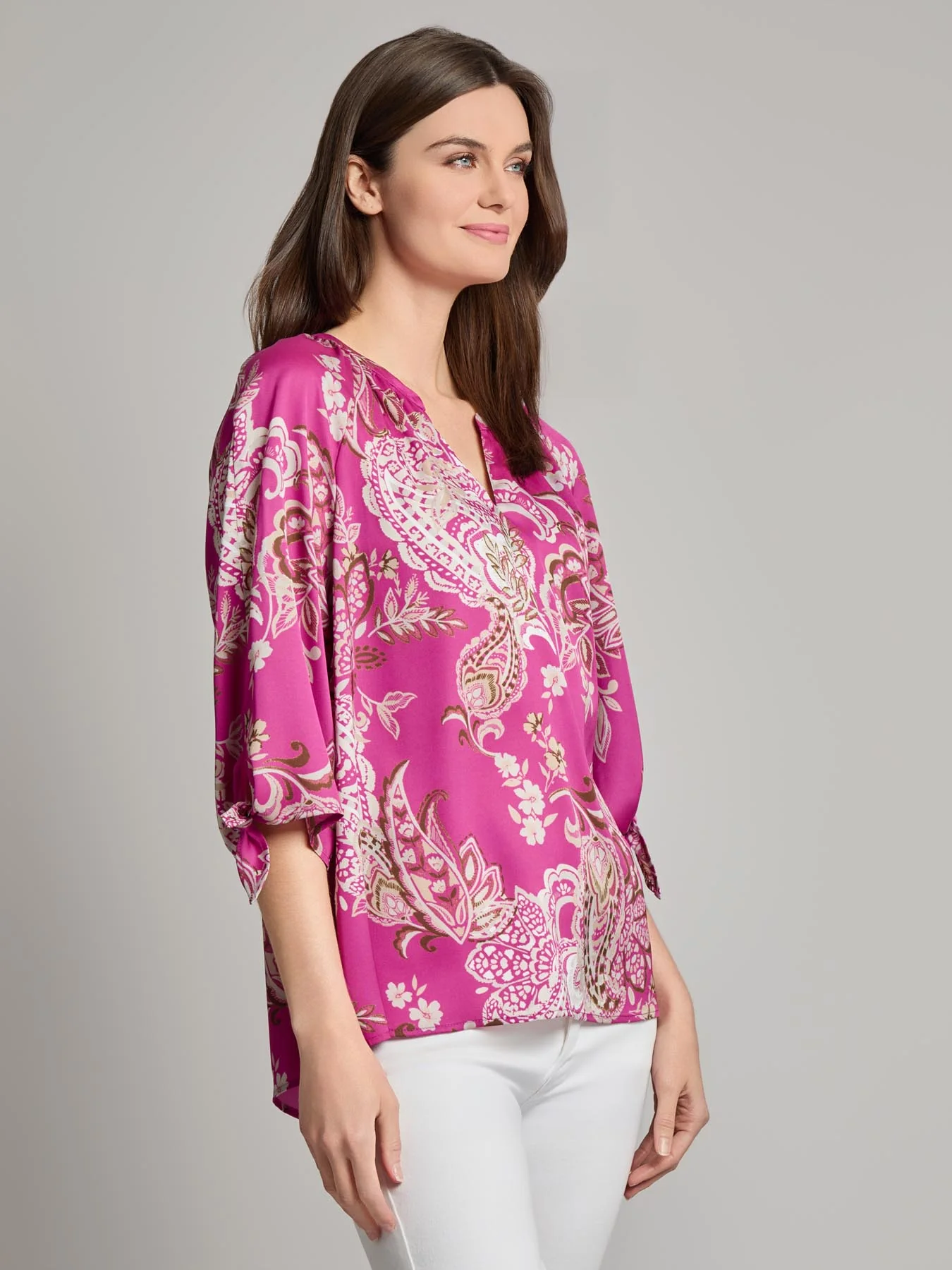 Plus V-Neck Print Tie-Sleeve Blouse - Image 2