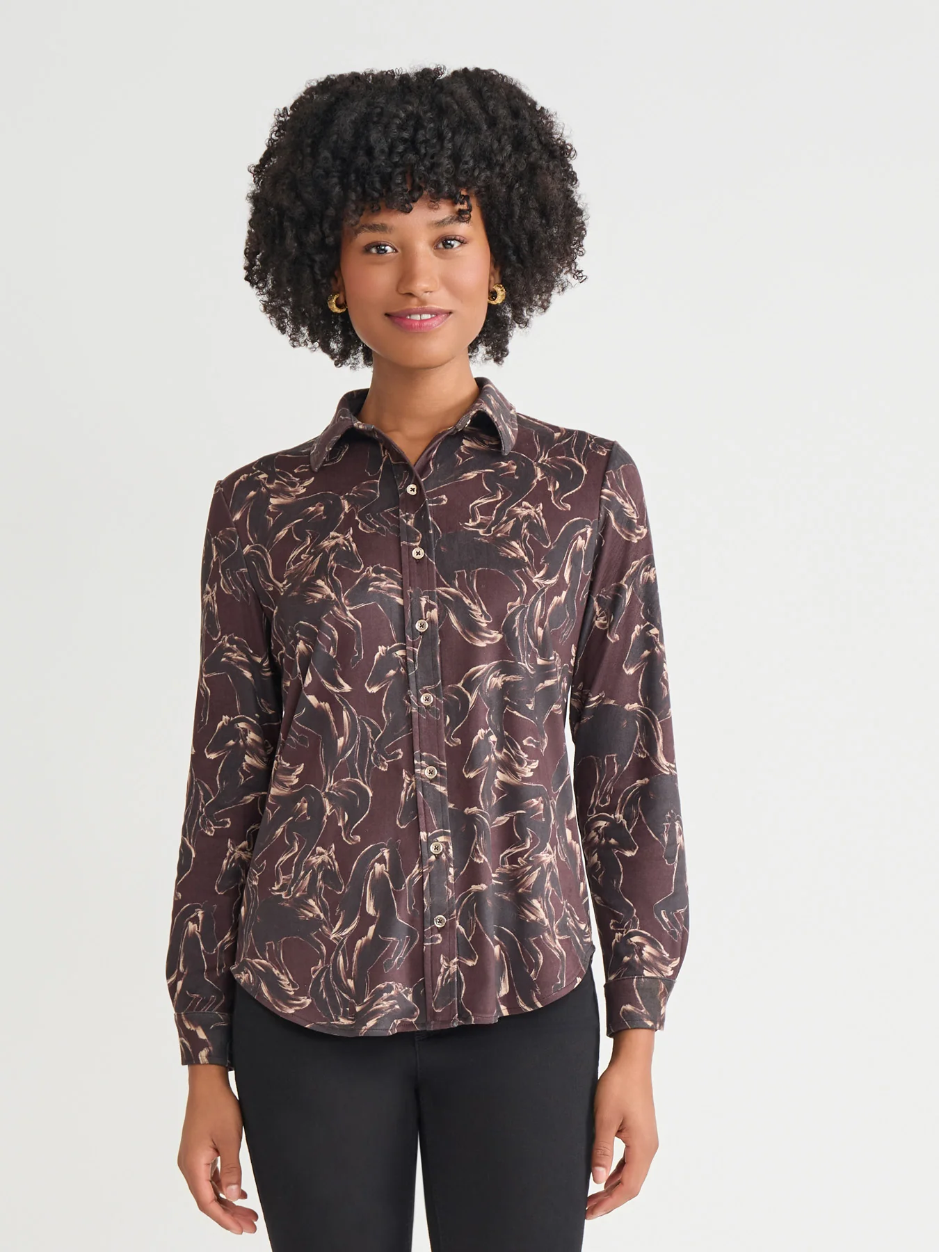 Printed Button Front Shirt, Faux Suede