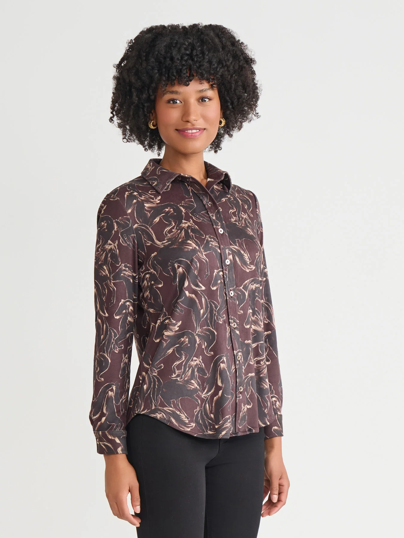 Printed Button Front Shirt, Faux Suede - Image 2