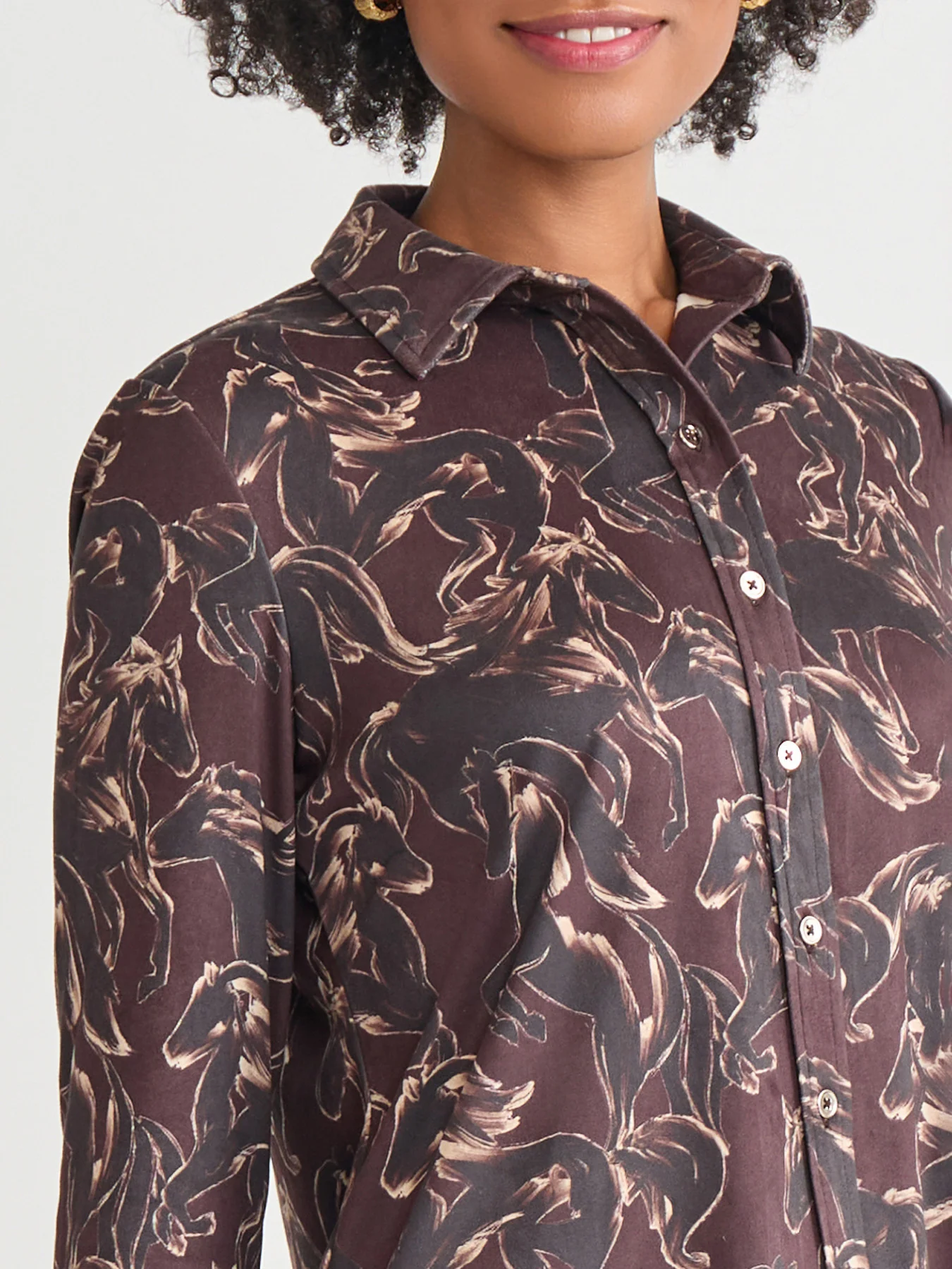 Printed Button Front Shirt, Faux Suede - Image 3