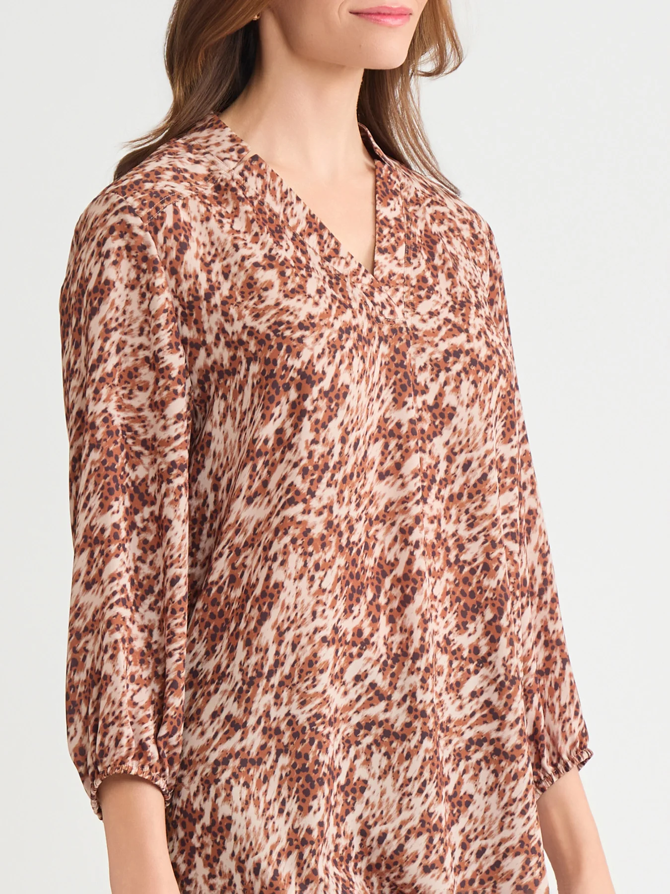 Printed V-Neck Pleated Kelly Blouse, Chiffon - Image 3