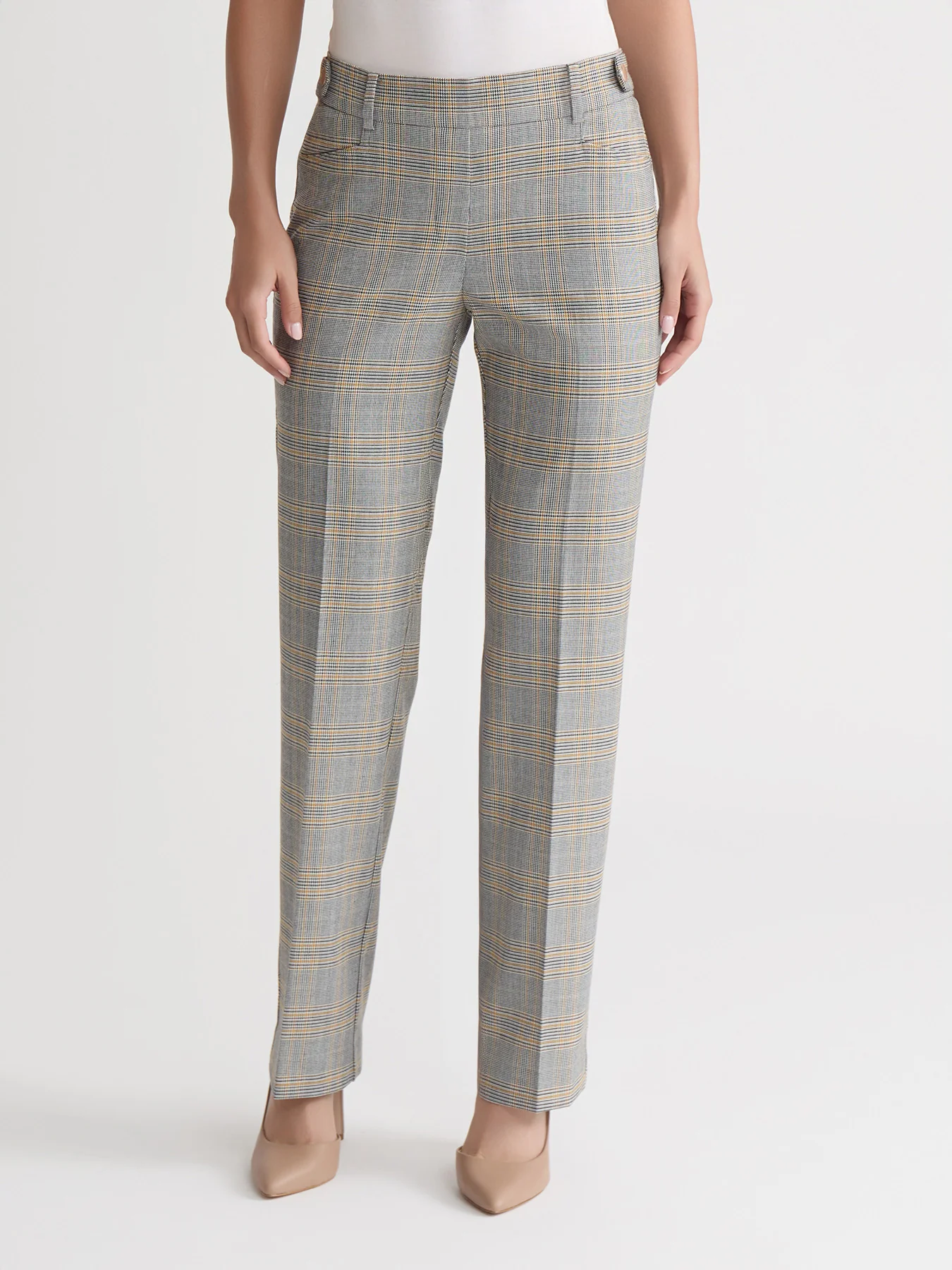Pull On Button Tab Trouser, Glen Plaid
