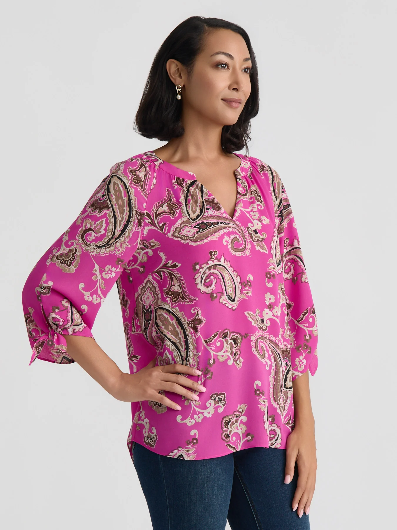 Raglan Sleeve Blouse, Printed Crepe - Image 2