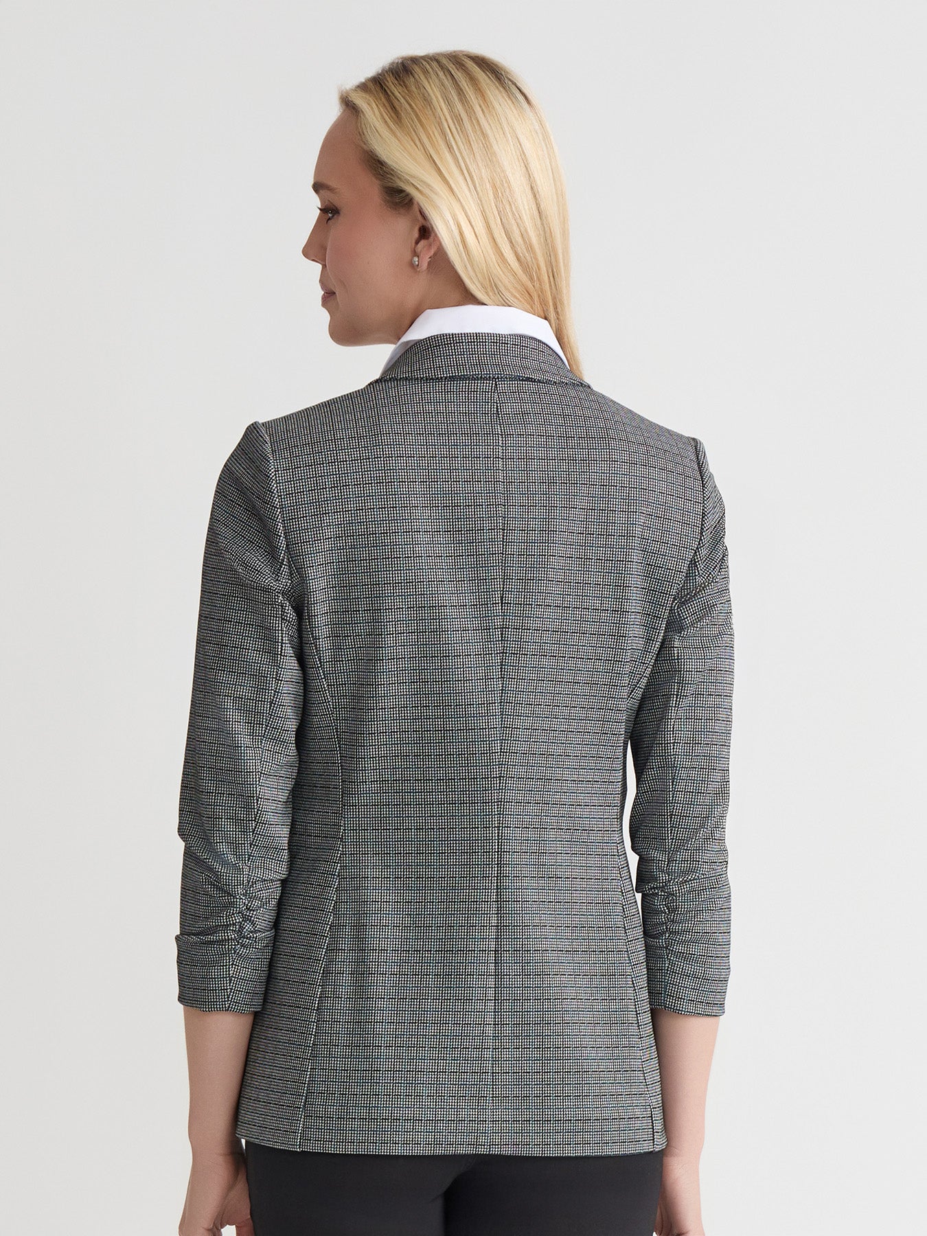 Rouched Sleeve Notch Collar Jacket, Check Jacquard - Image 5