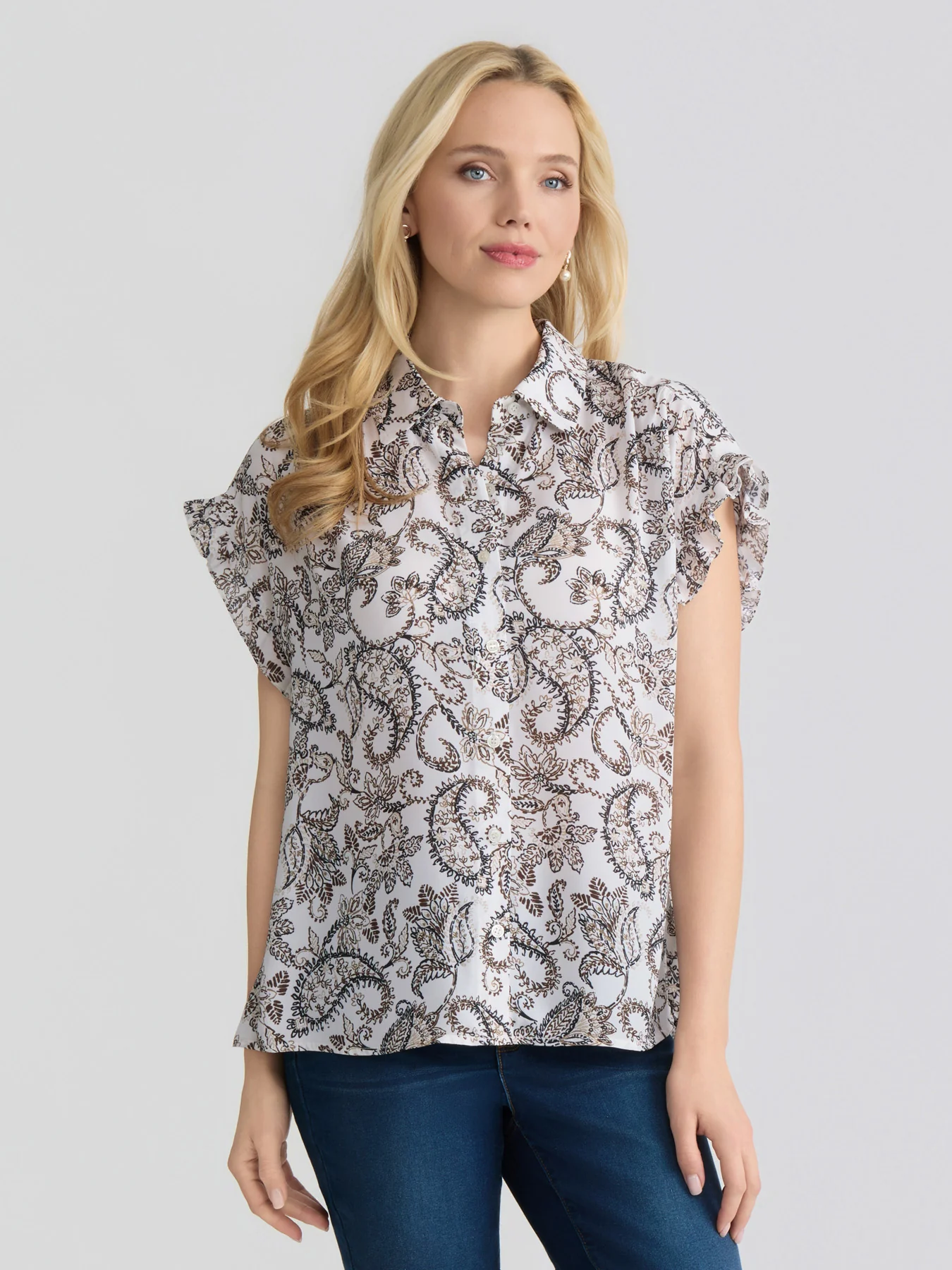 Ruffle Cap Sleeve Button-Up Blouse, Printed Crepe