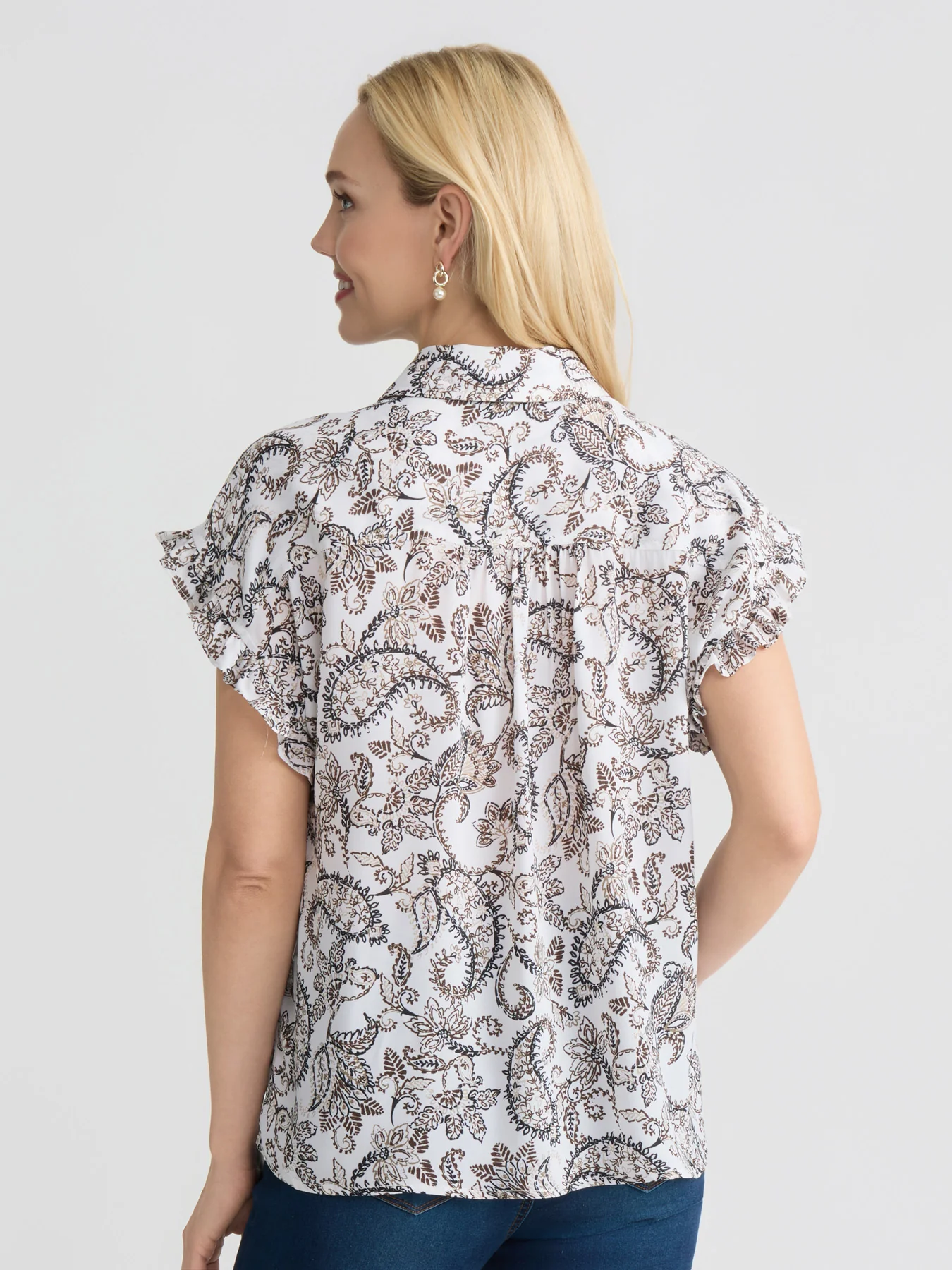 Ruffle Cap Sleeve Button-Up Blouse, Printed Crepe - Image 4