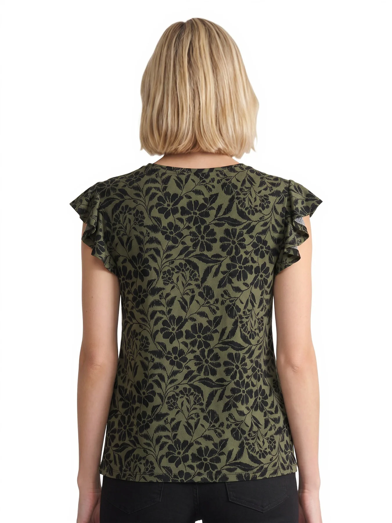 Short Flutter Sleeve Blouse, Printed Crepe - Image 4
