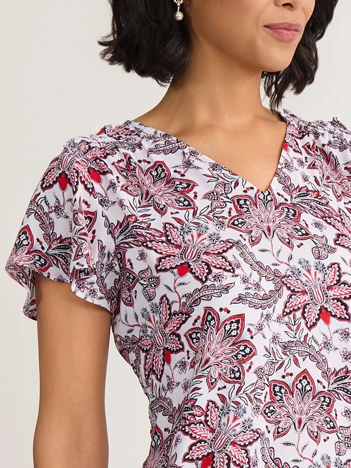 Short Flutter Sleeve Blouse, Printed Crepe - Image 3