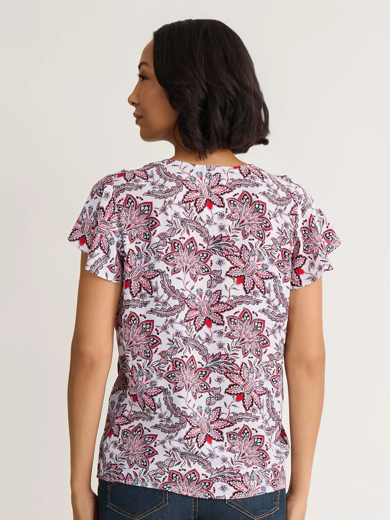 Short Flutter Sleeve Blouse, Printed Crepe - Image 4