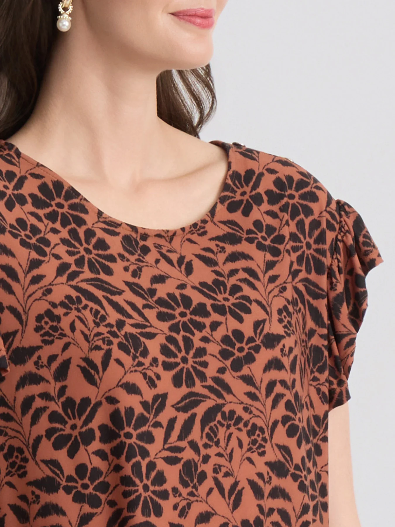 Short Flutter Sleeve Blouse, Printed Crepe - Image 3