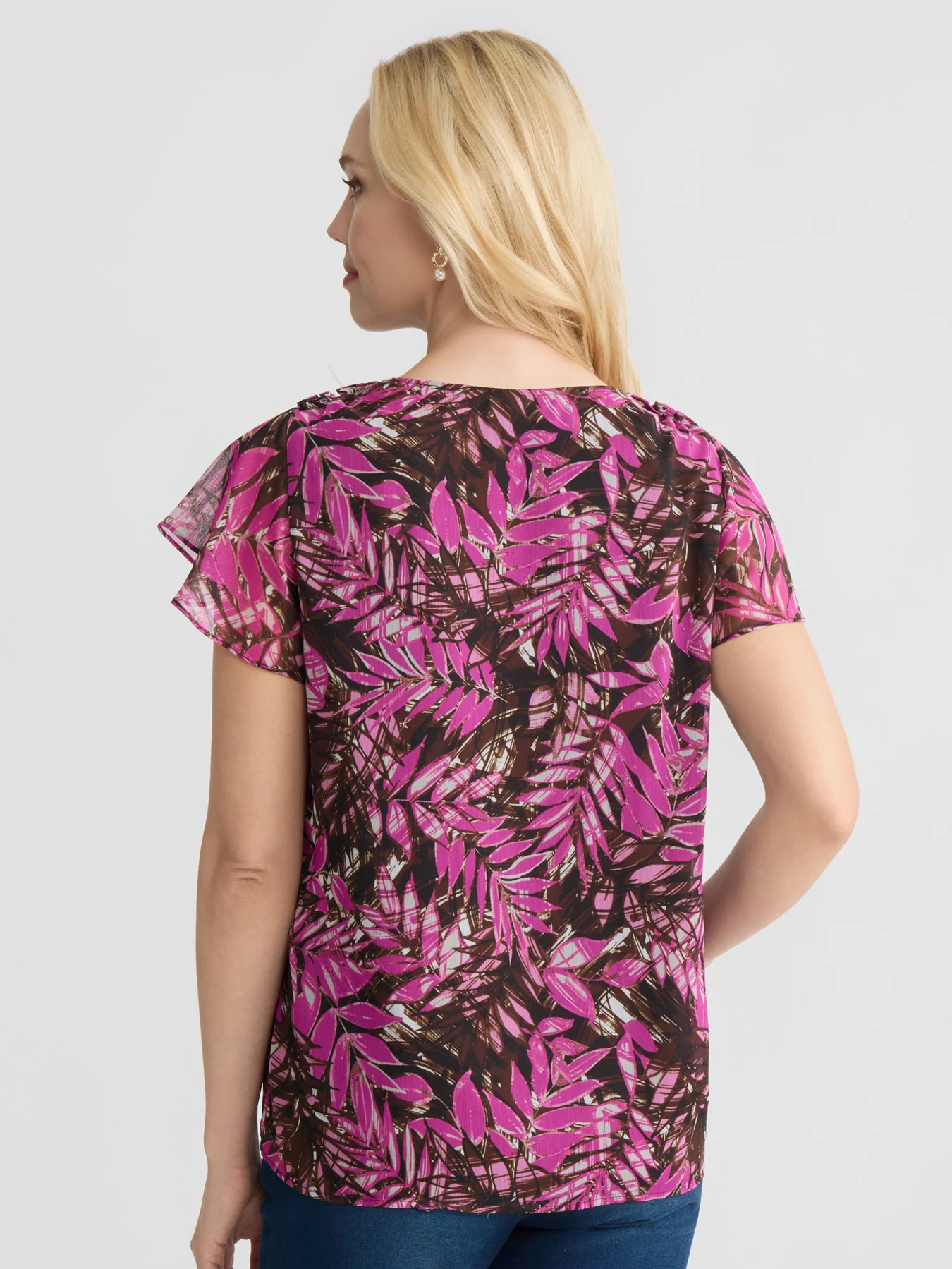 Short Flutter Sleeve Blouse, Printed Yoryu - Image 4